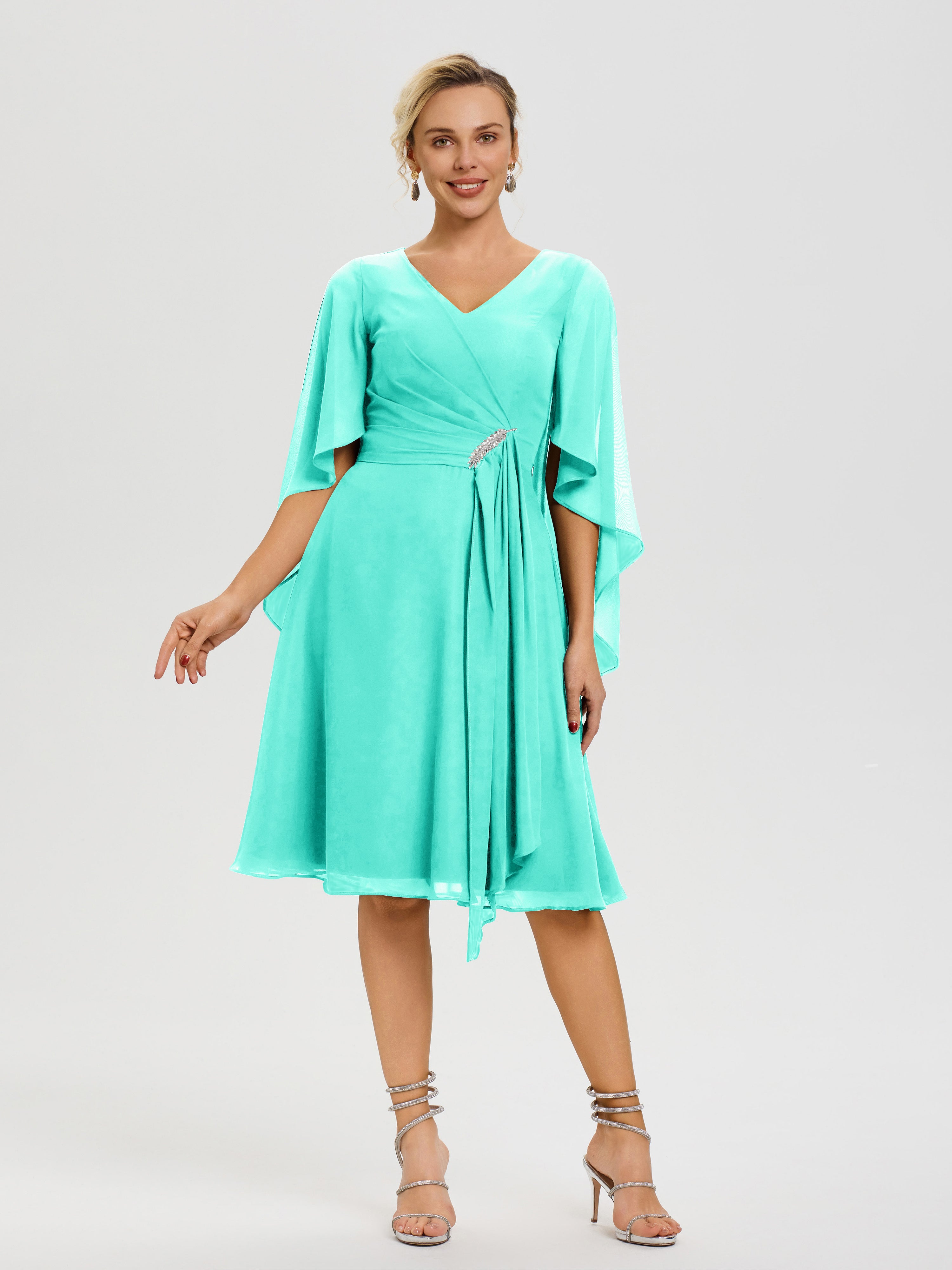 Robe De Cérémonie Mère Du Marié Spa Manches Asymétrique Col V Mousseline Robe Mère Marié