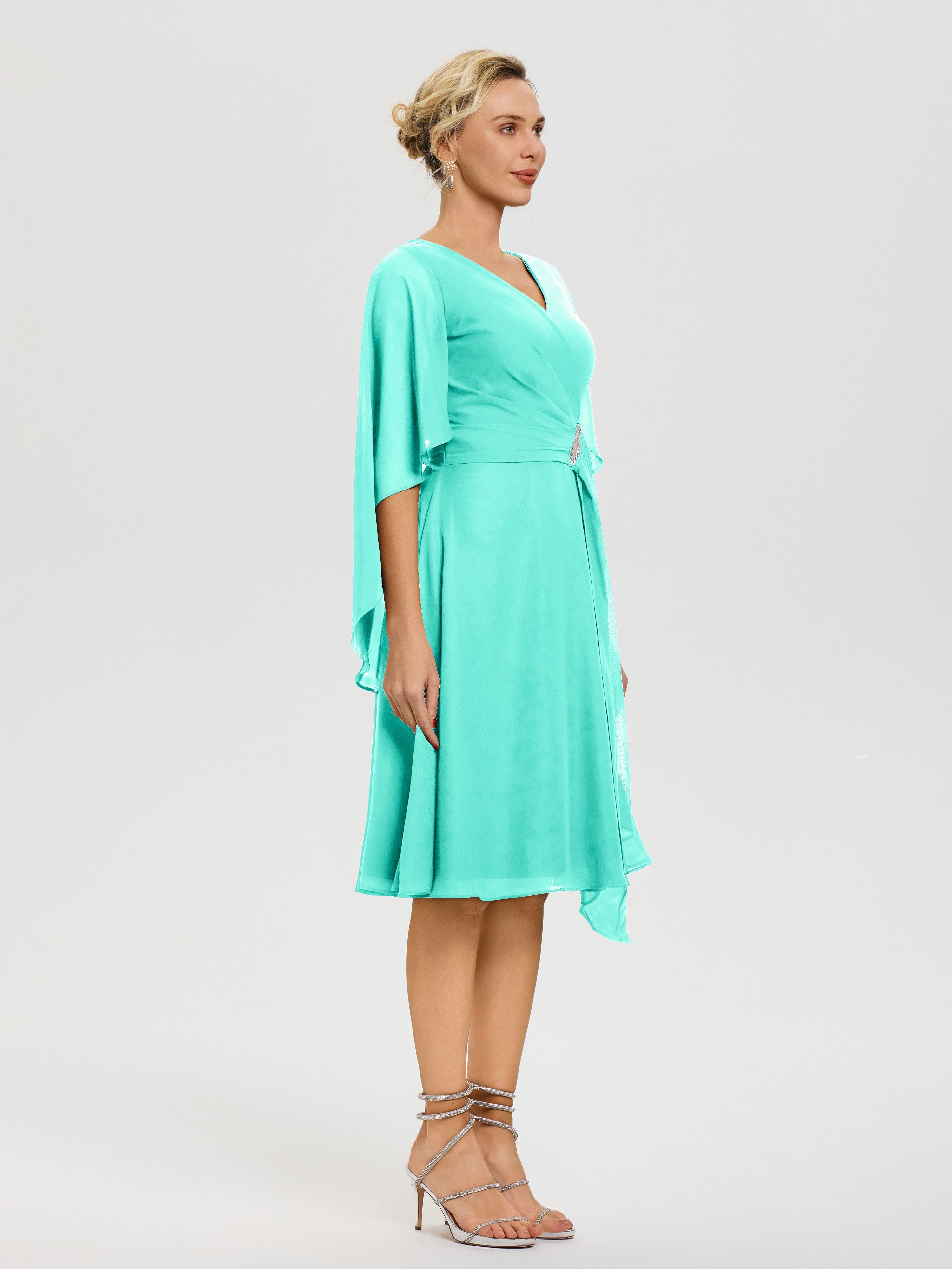 Robe De Cérémonie Mère Du Marié Spa Manches Asymétrique Col V Mousseline Robe Mère Marié