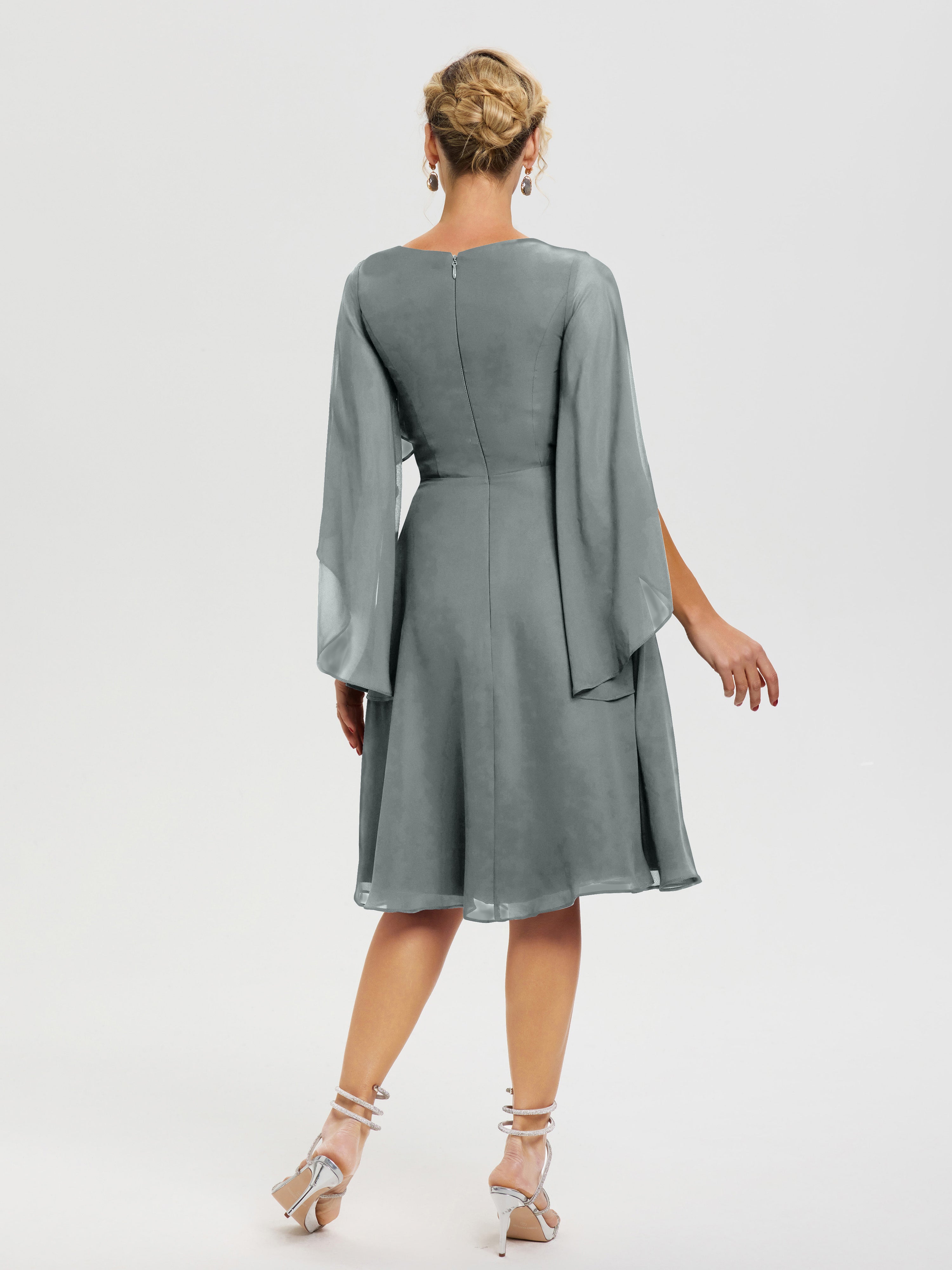 Robe De Cérémonie Mère Du Marié Gris Acier Manches Asymétrique Col V Mousseline Robe Mère Marié