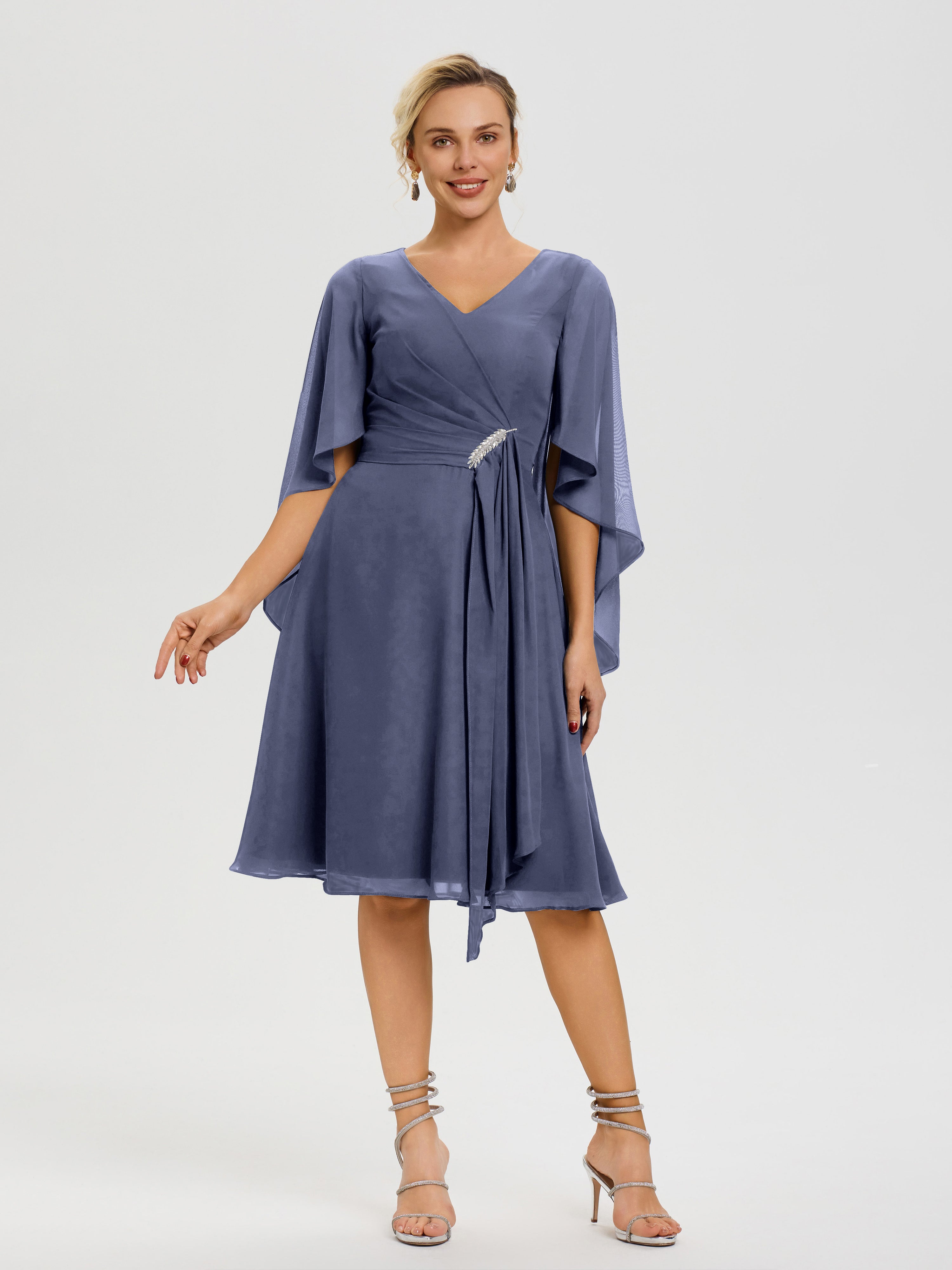 Robe De Cérémonie Mère Du Marié Orageux Manches Asymétrique Col V Mousseline Robe Mère Marié