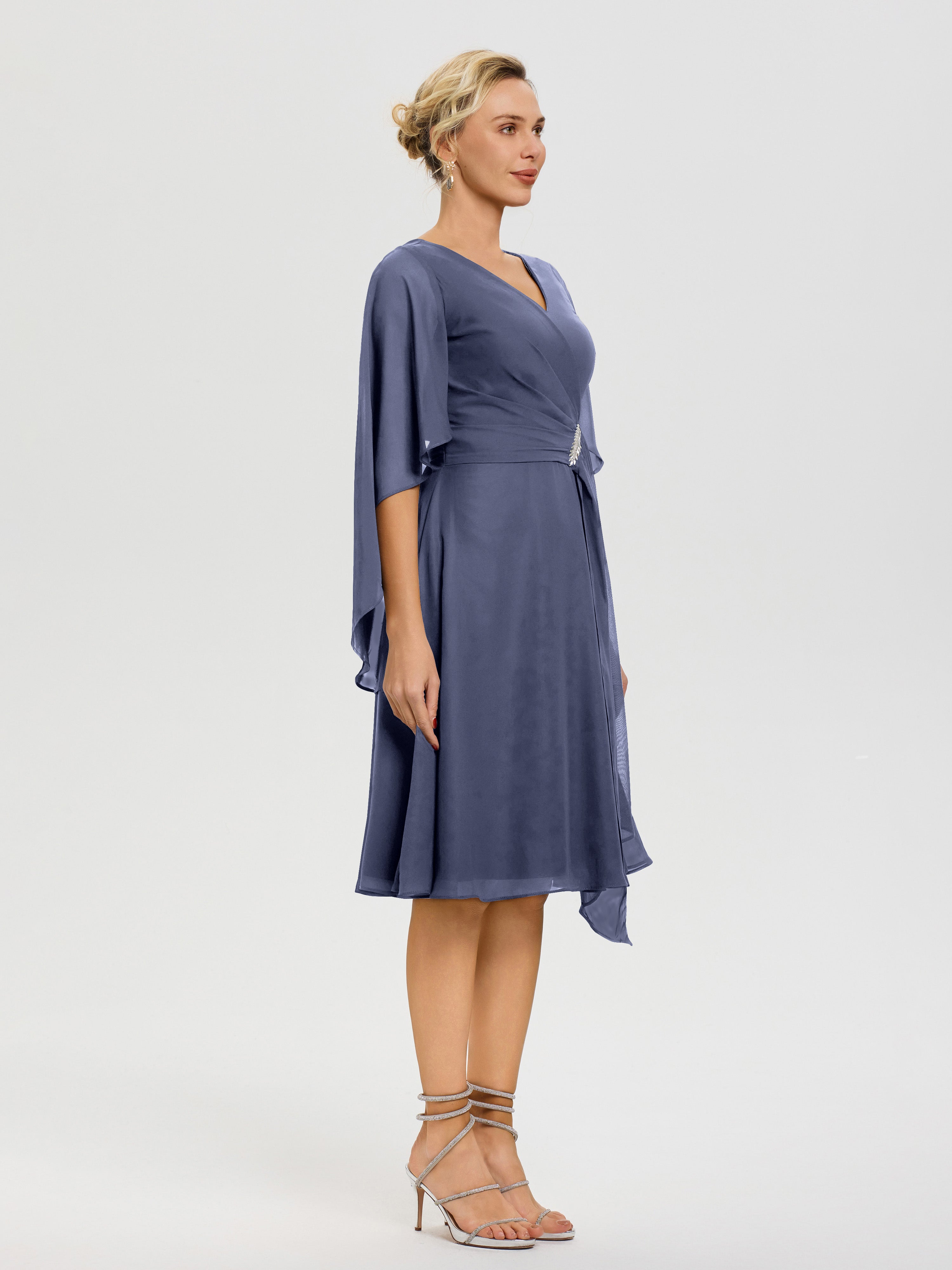 Robe De Cérémonie Mère Du Marié Orageux Manches Asymétrique Col V Mousseline Robe Mère Marié