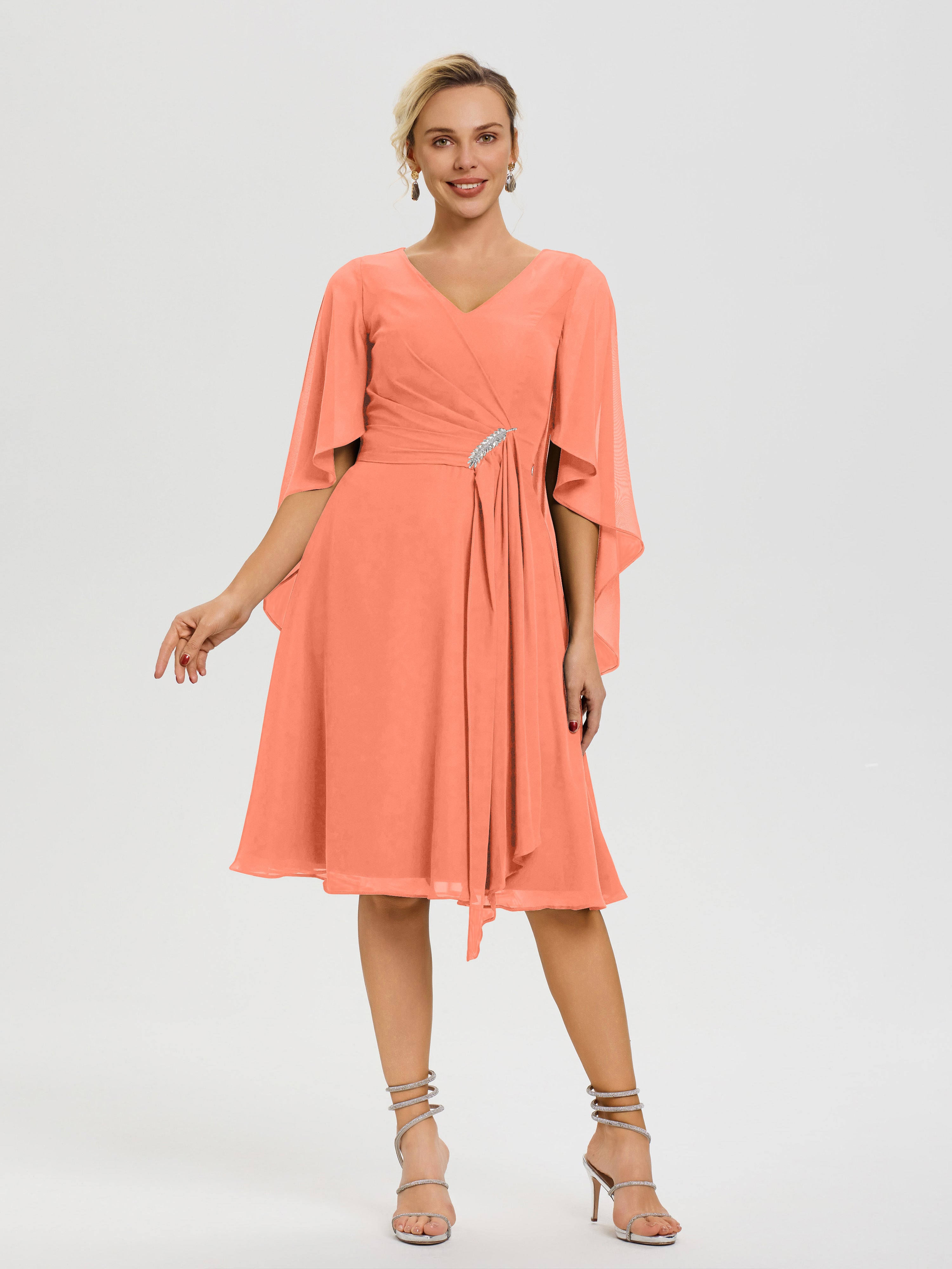 Robe De Cérémonie Mère Du Marié Coucher De Soleil Manches Asymétrique Col V Mousseline Robe Mère Marié