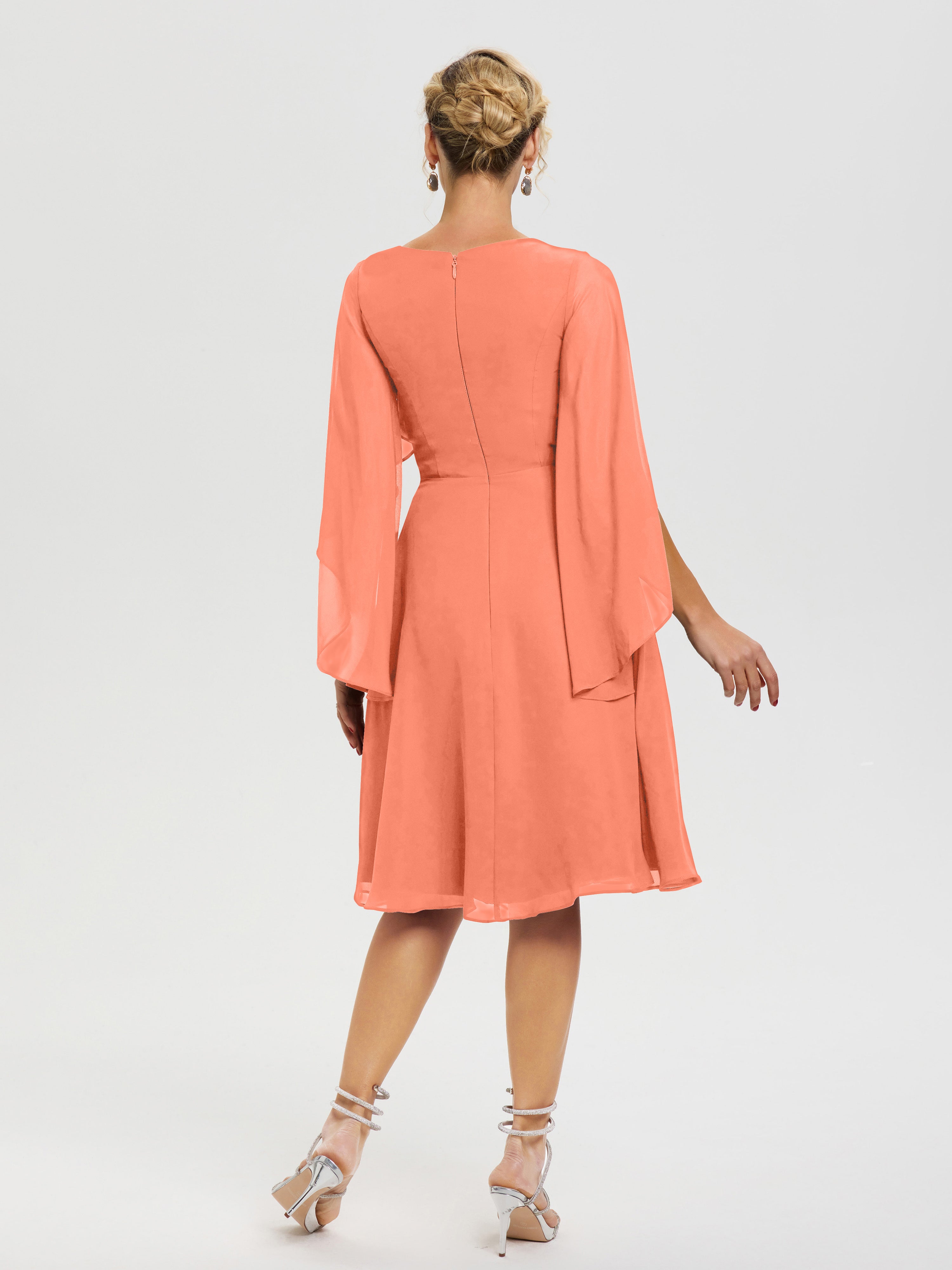 Robe De Cérémonie Mère Du Marié Coucher De Soleil Manches Asymétrique Col V Mousseline Robe Mère Marié