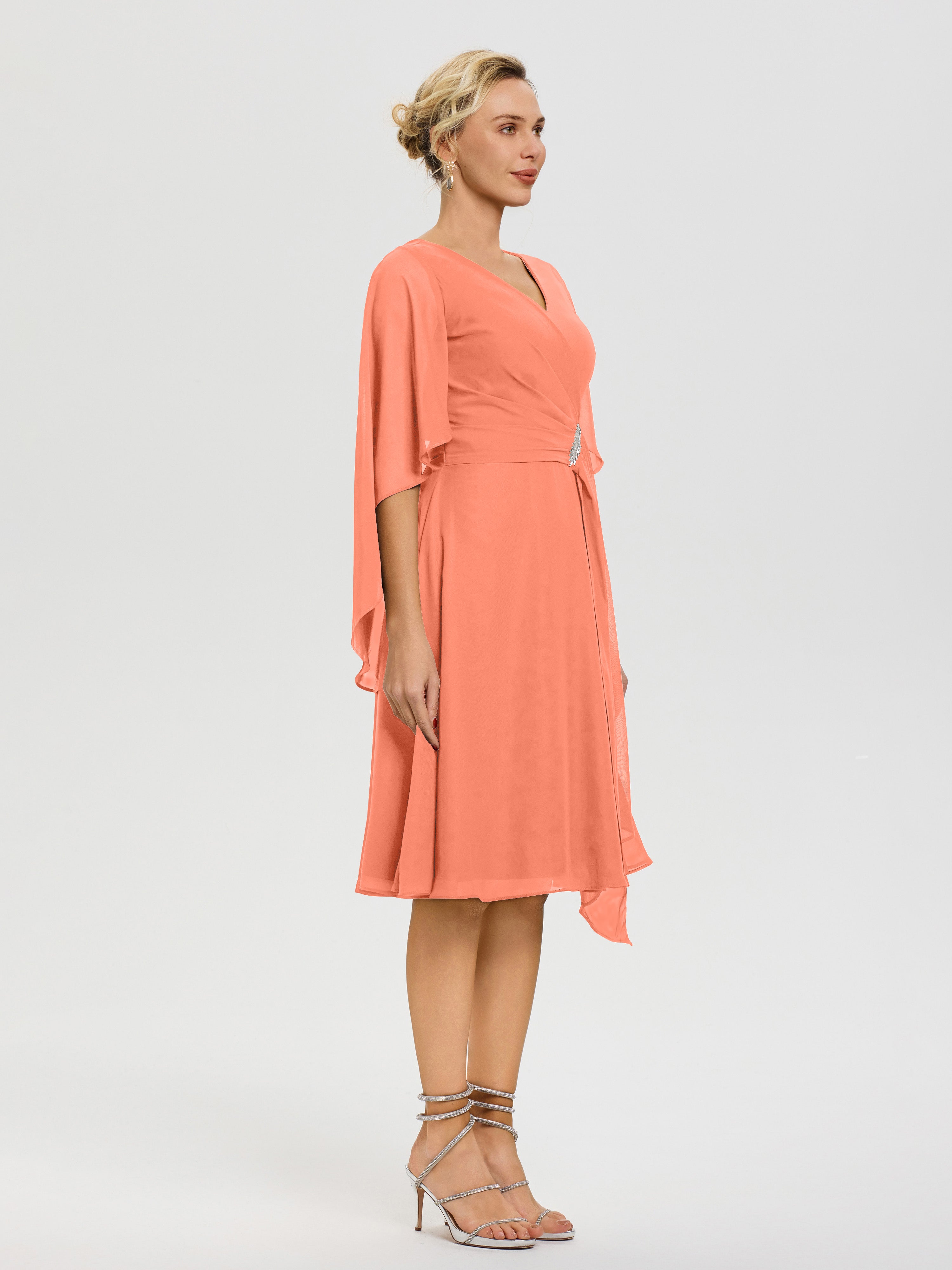 Robe De Cérémonie Mère Du Marié Coucher De Soleil Manches Asymétrique Col V Mousseline Robe Mère Marié