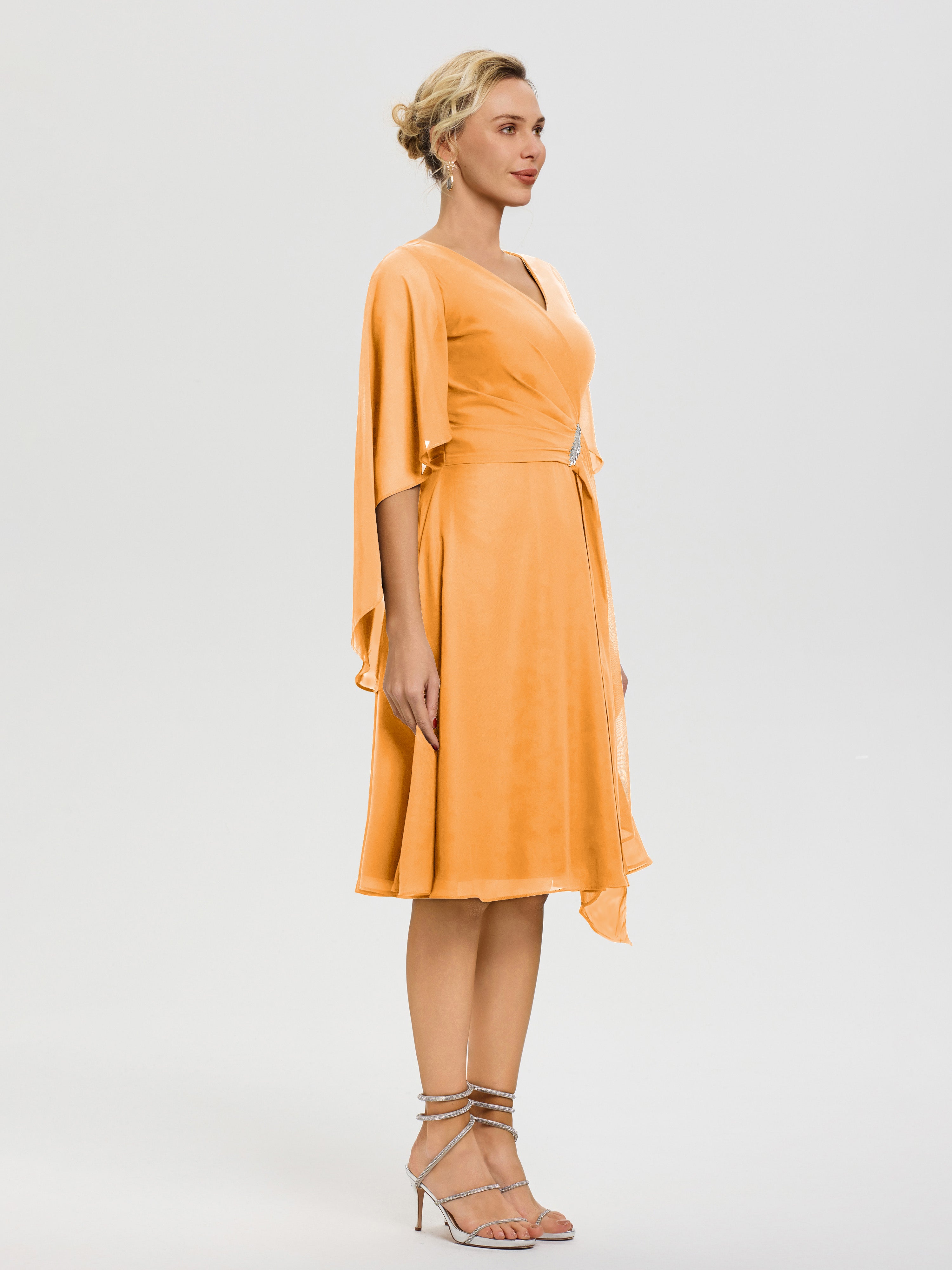 Robe De Cérémonie Mère Du Marié Mandarine Manches Asymétrique Col V Mousseline Robe Mère Marié