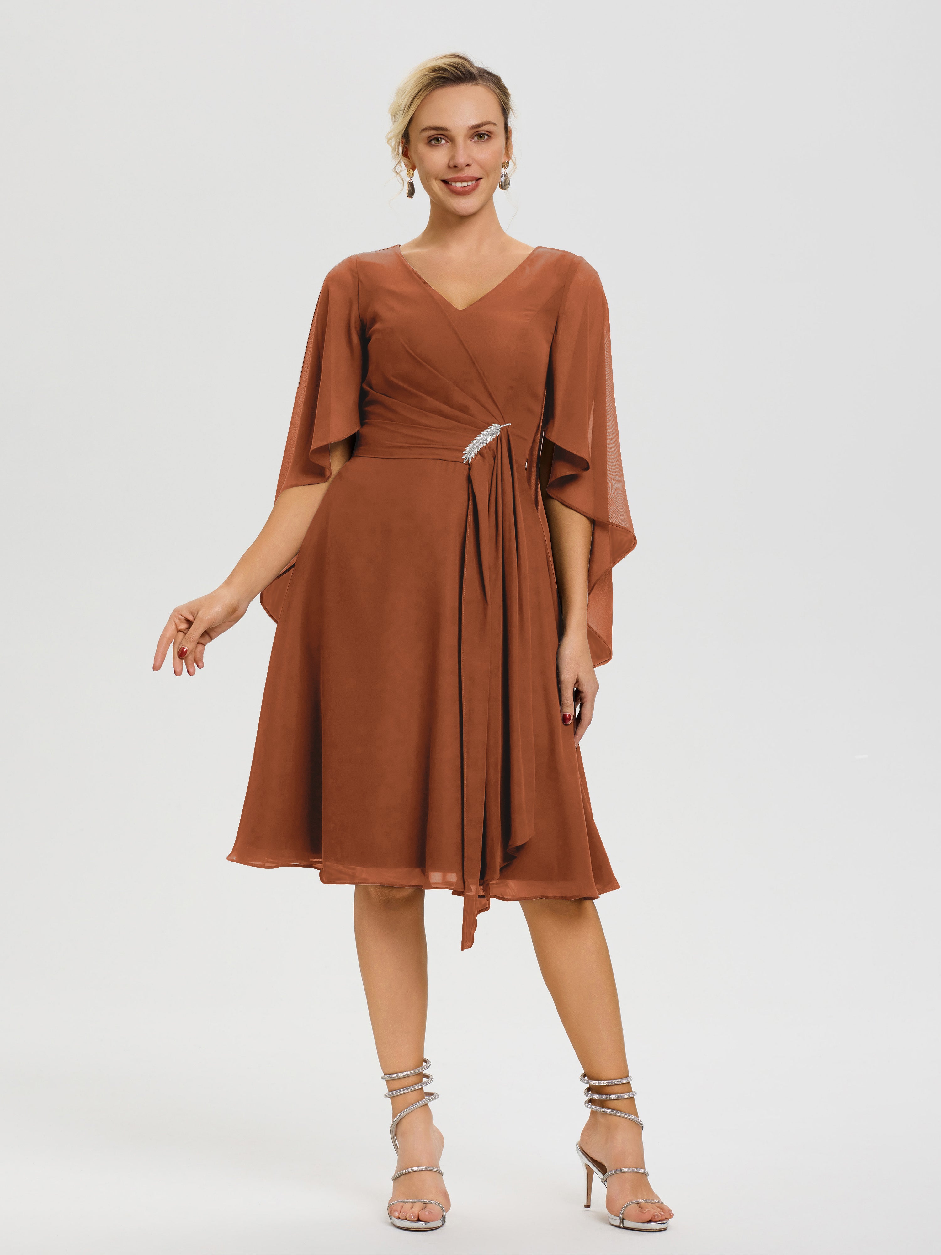 Robe Mere De La Mariee Terracotta Manches Asymétrique Col V Mousseline Robe Mère Marié