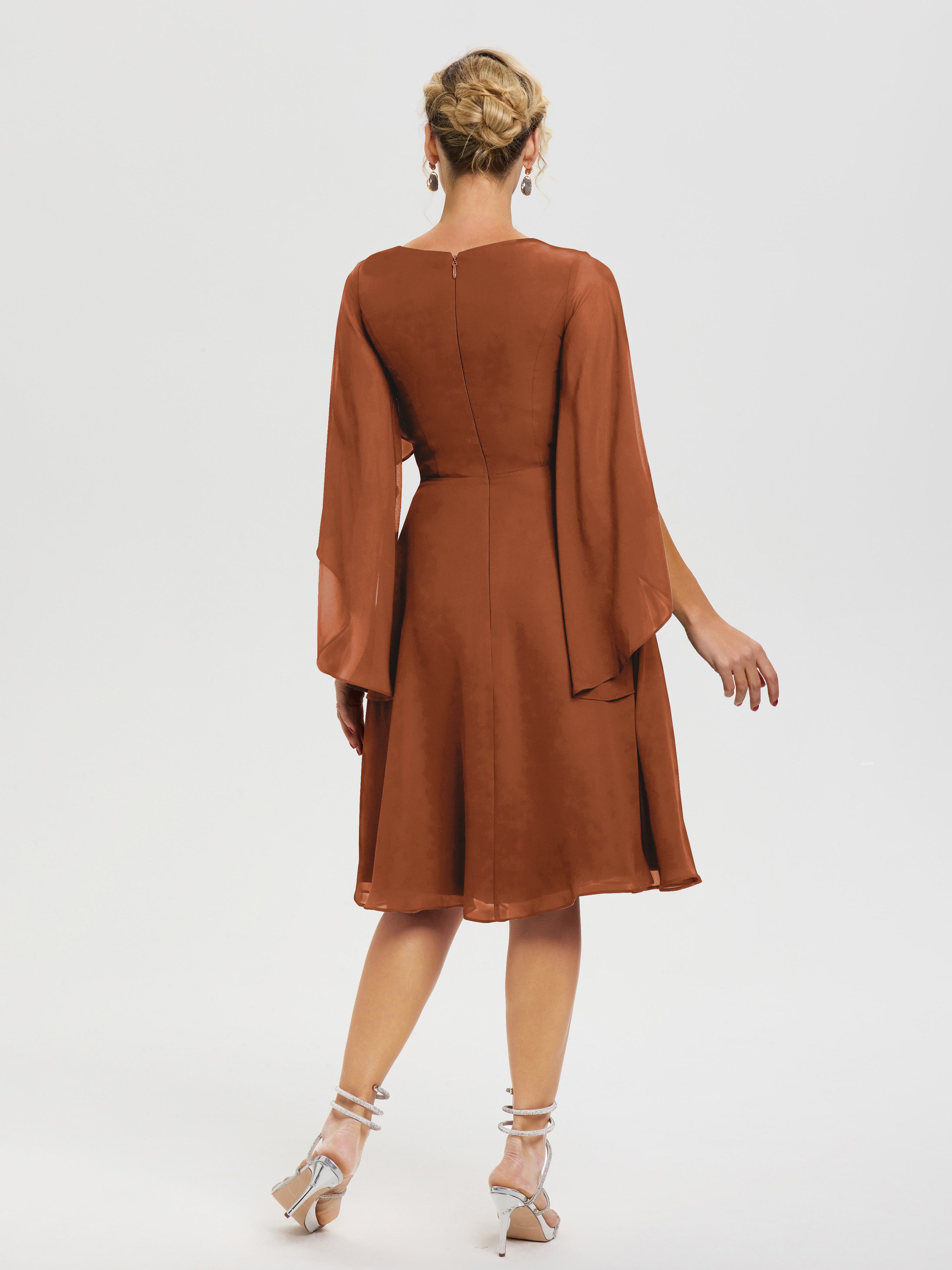 Robe Mere De La Mariee Terracotta Manches Asymétrique Col V Mousseline Robe Mère Marié