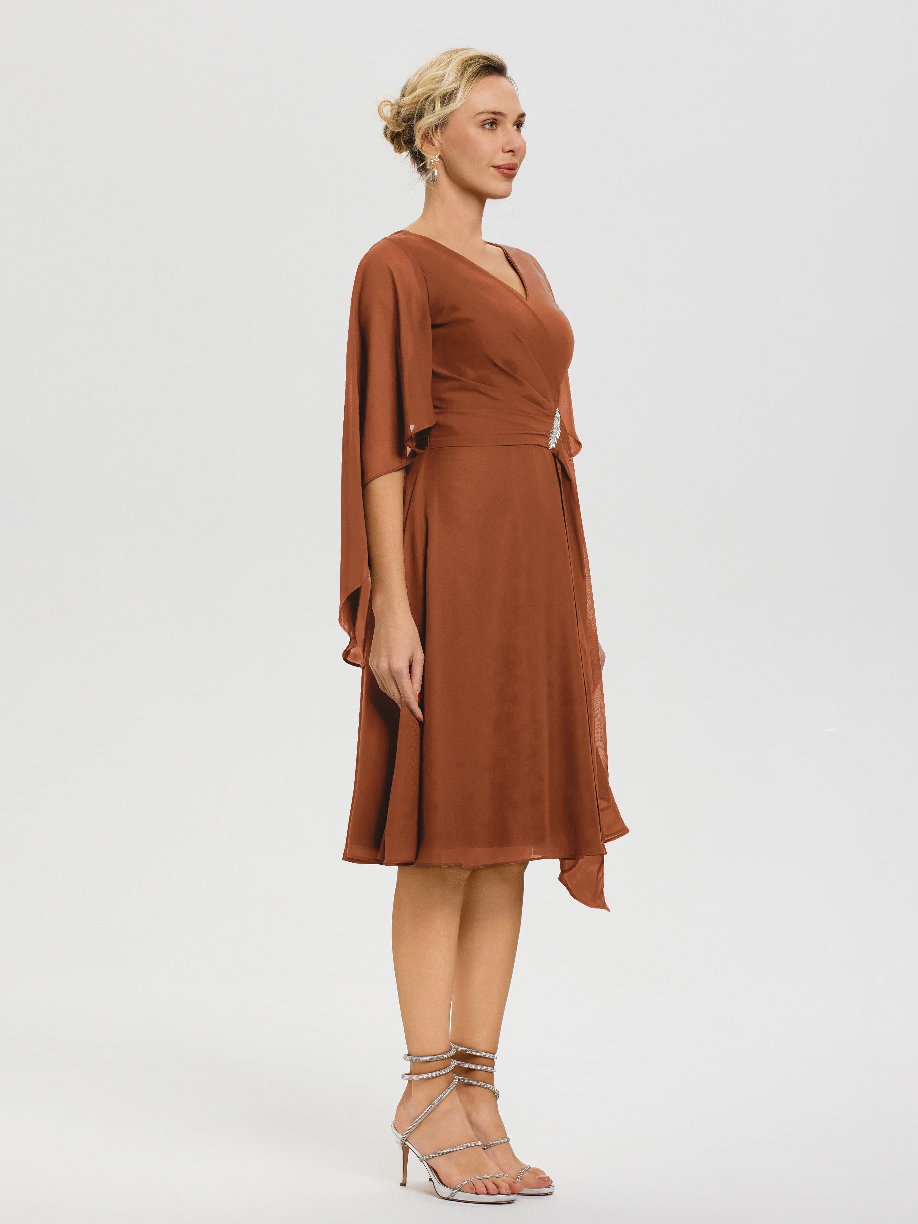 Robe Mere De La Mariee Terracotta Manches Asymétrique Col V Mousseline Robe Mère Marié