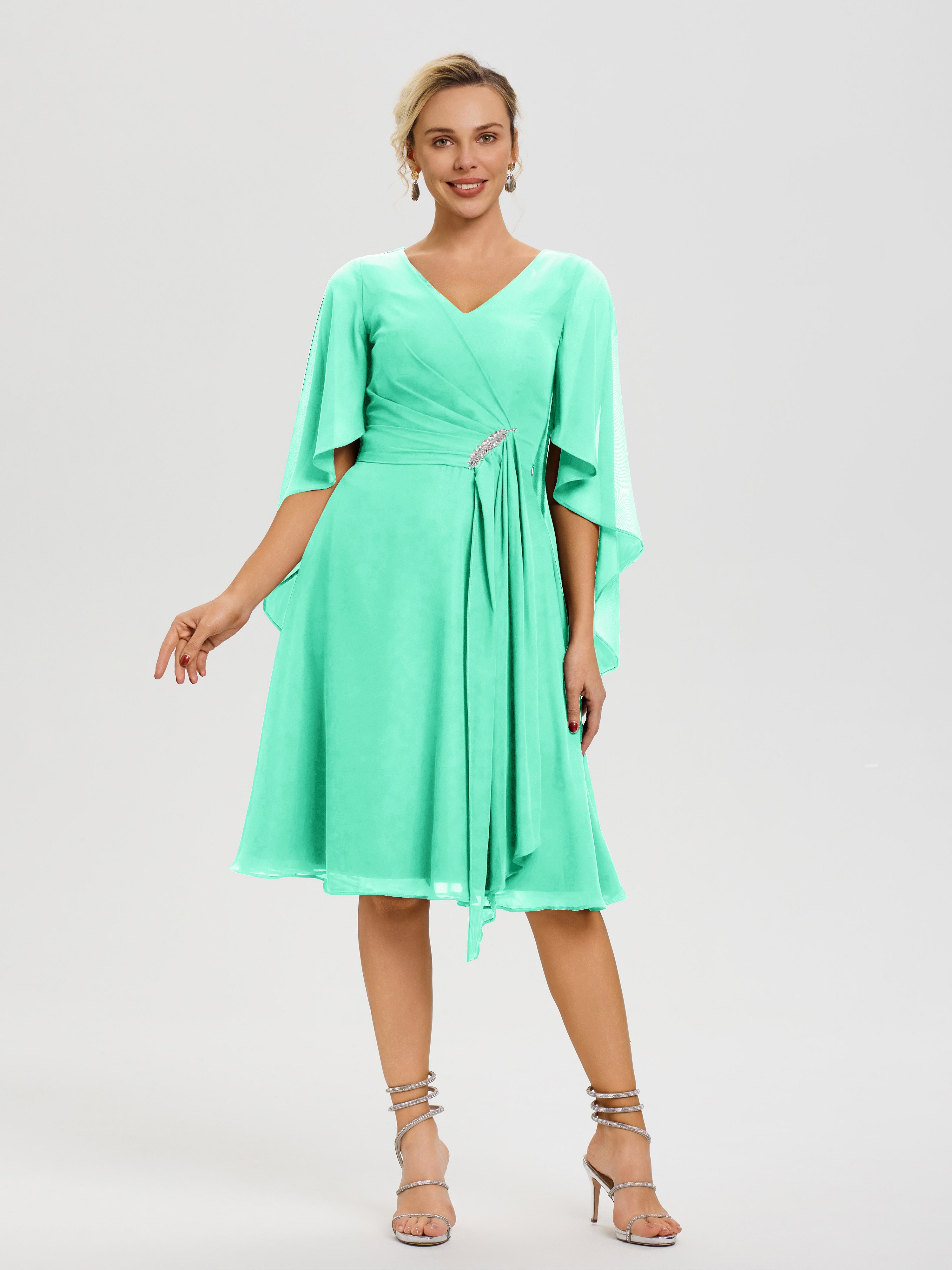 Robe Pour Mère De Mariée Turquoise Manches Asymétrique Col V Mousseline Robe Mère Marié