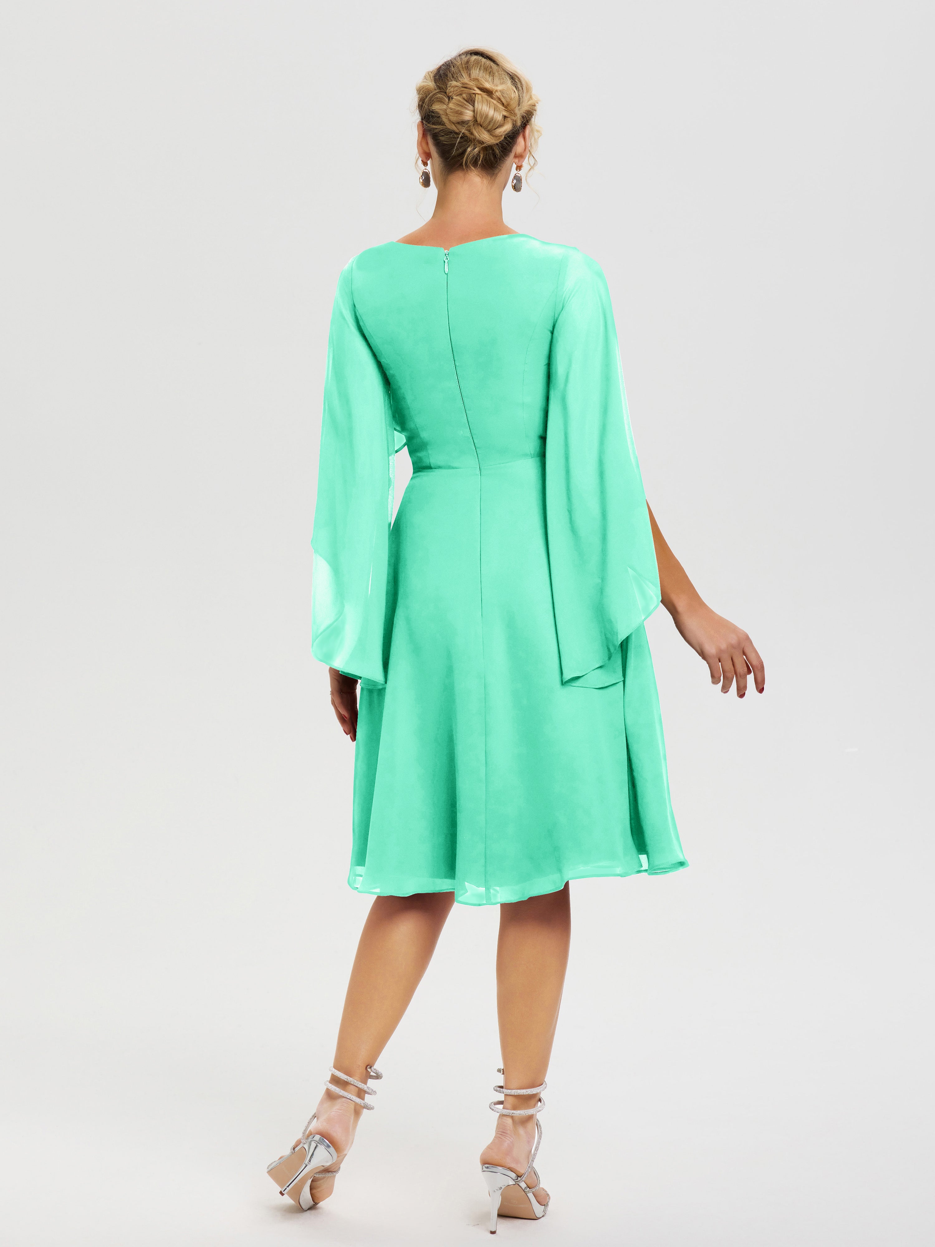 Robe Pour Mère De Mariée Turquoise Manches Asymétrique Col V Mousseline Robe Mère Marié