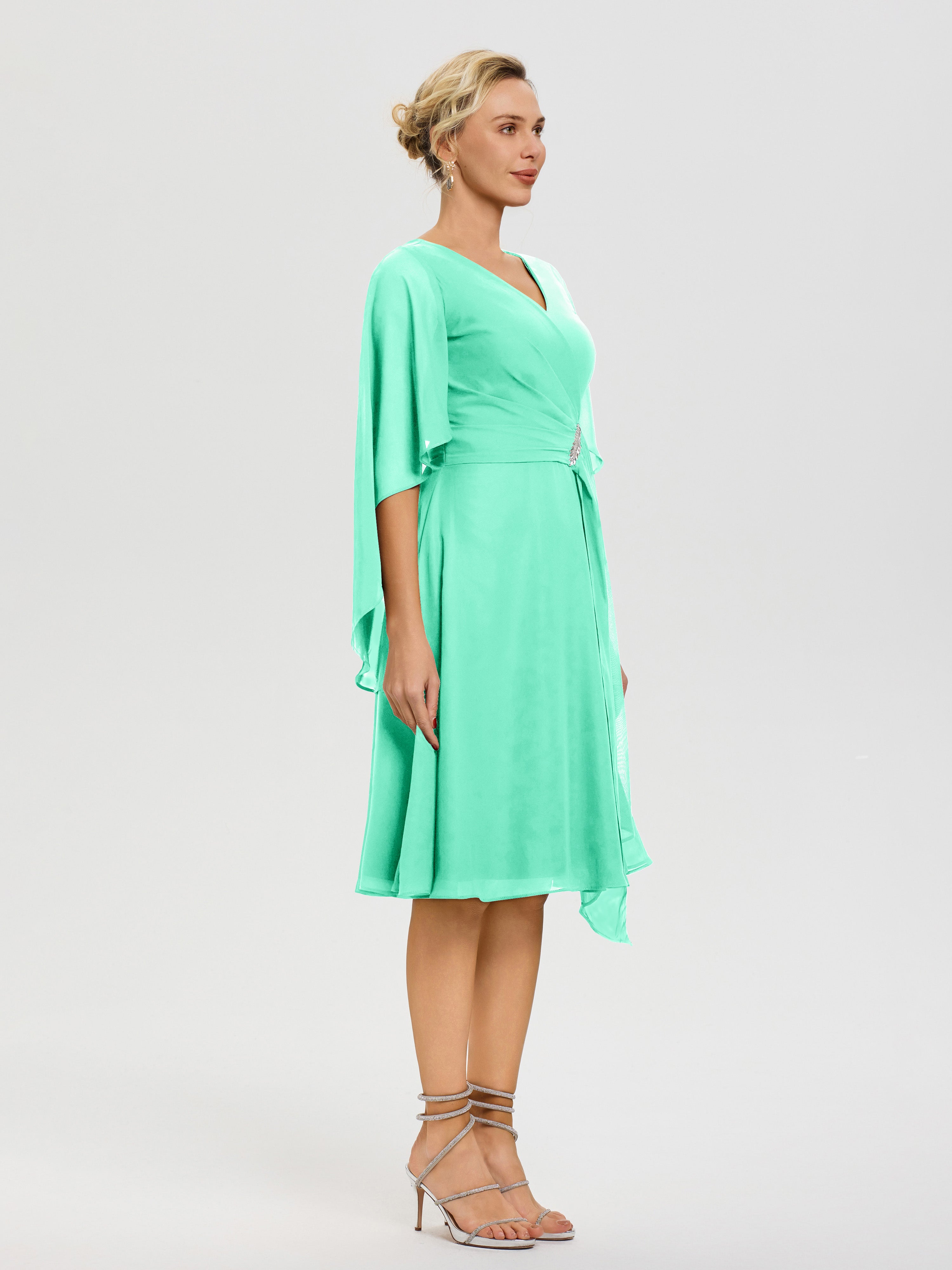 Robe Pour Mère De Mariée Turquoise Manches Asymétrique Col V Mousseline Robe Mère Marié