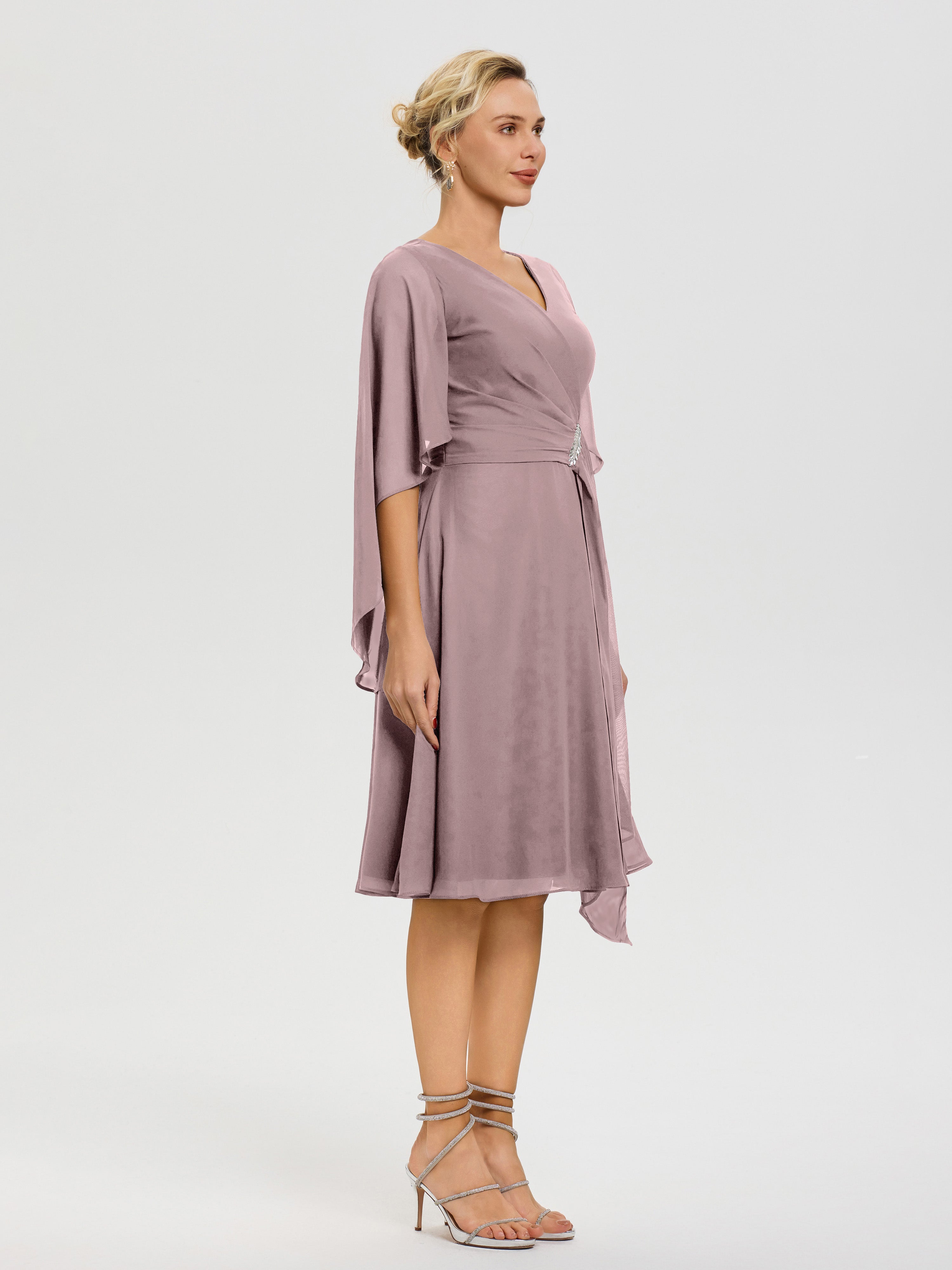 Robe Pour Mère De Mariée Vintage Mauve Manches Asymétrique Col V Mousseline Robe Mère Marié