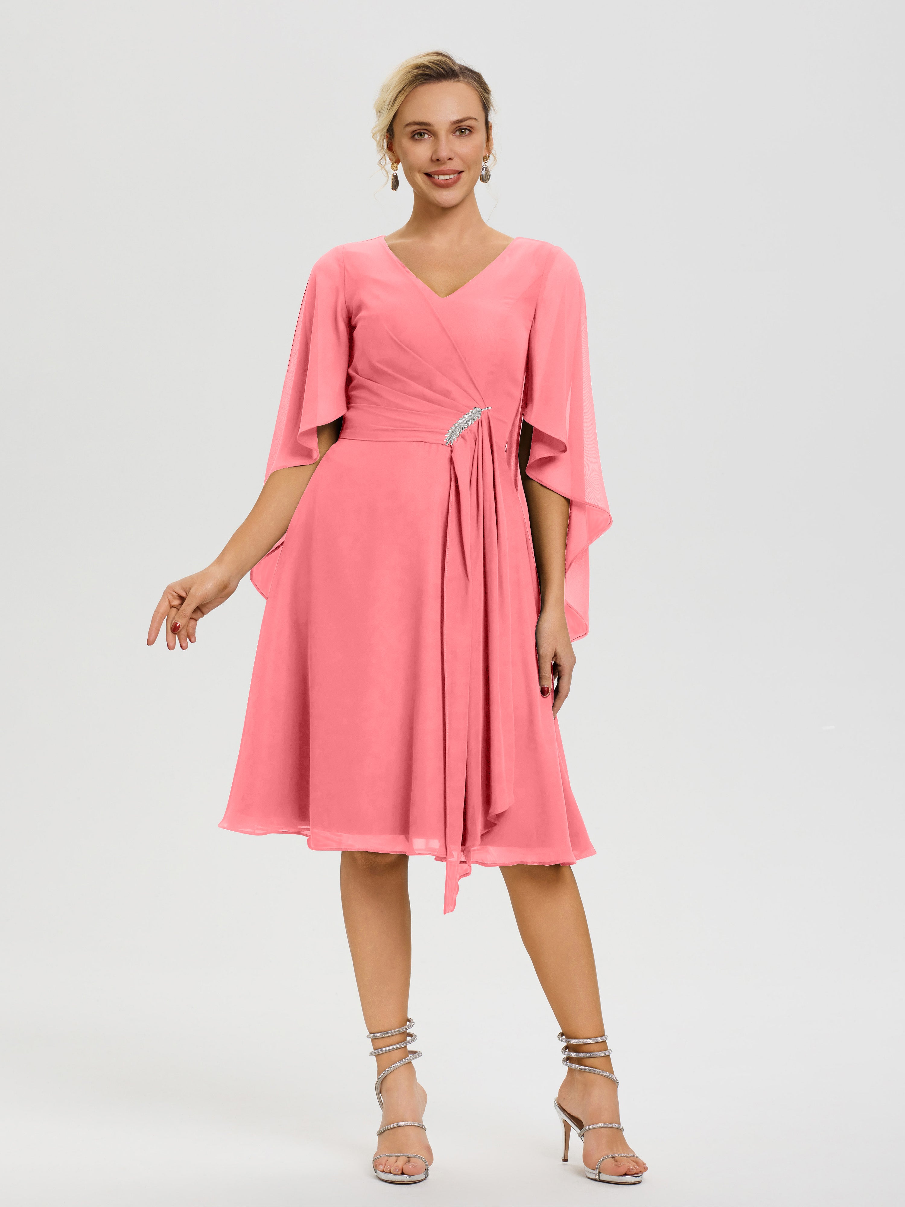 Robe Pour La Mère Du Marié Pastèque Manches Asymétrique Col V Mousseline Robe Mère Marié