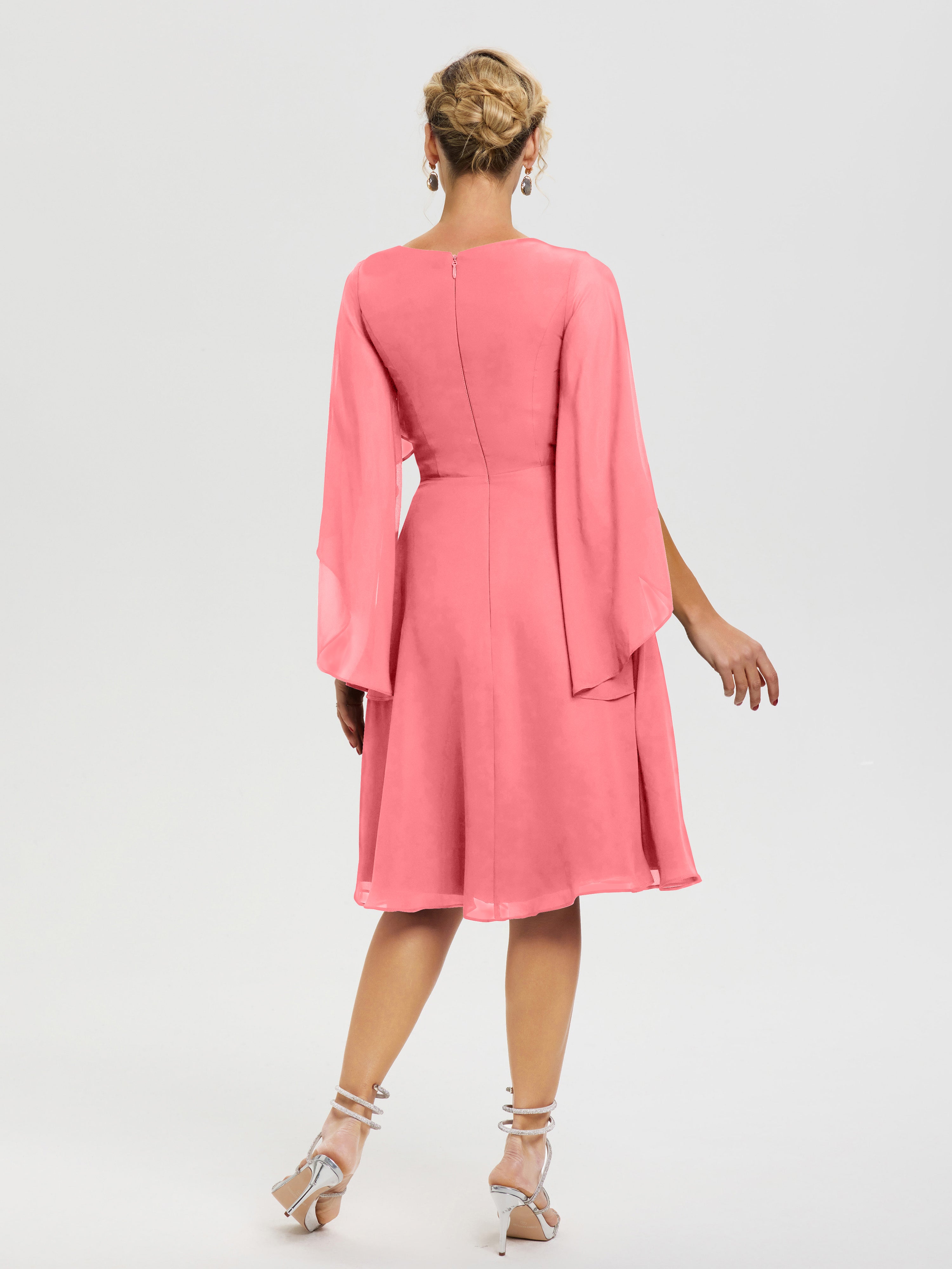 Robe Pour La Mère Du Marié Pastèque Manches Asymétrique Col V Mousseline Robe Mère Marié