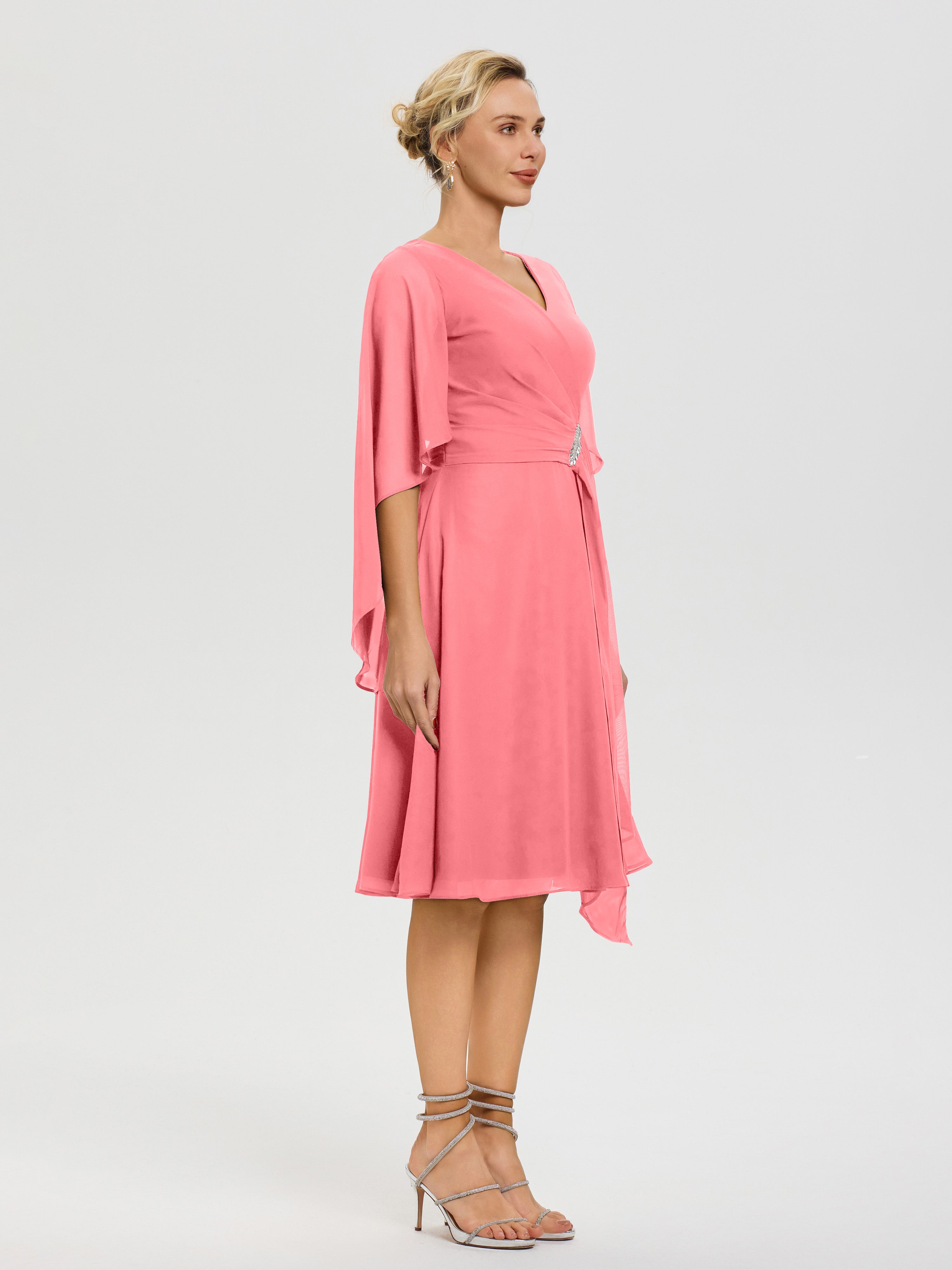 Robe Pour La Mère Du Marié Pastèque Manches Asymétrique Col V Mousseline Robe Mère Marié