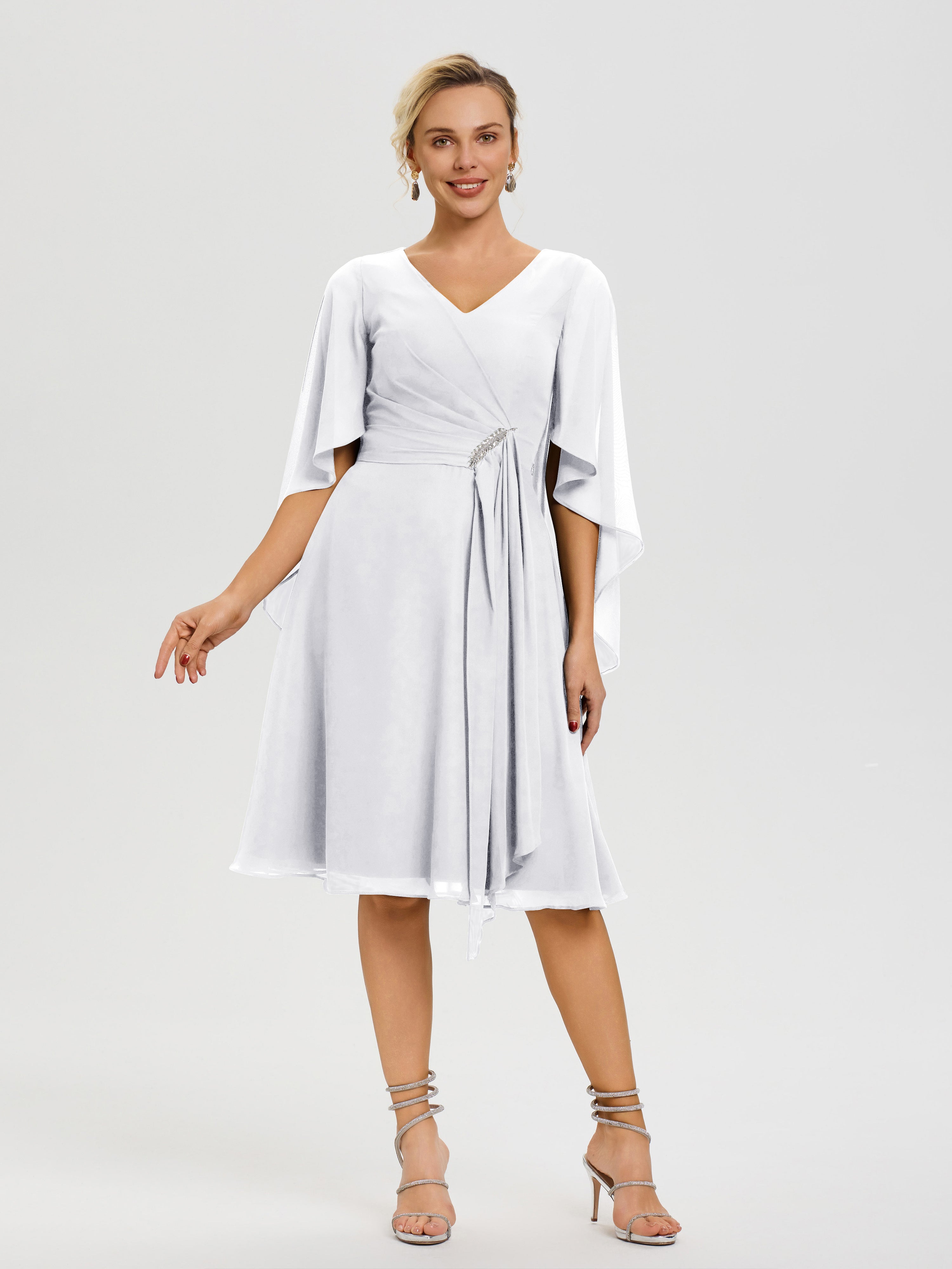 Robe Mere Dela Mariee Blanc Manches Asymétrique Col V Mousseline Robe Mère Marié