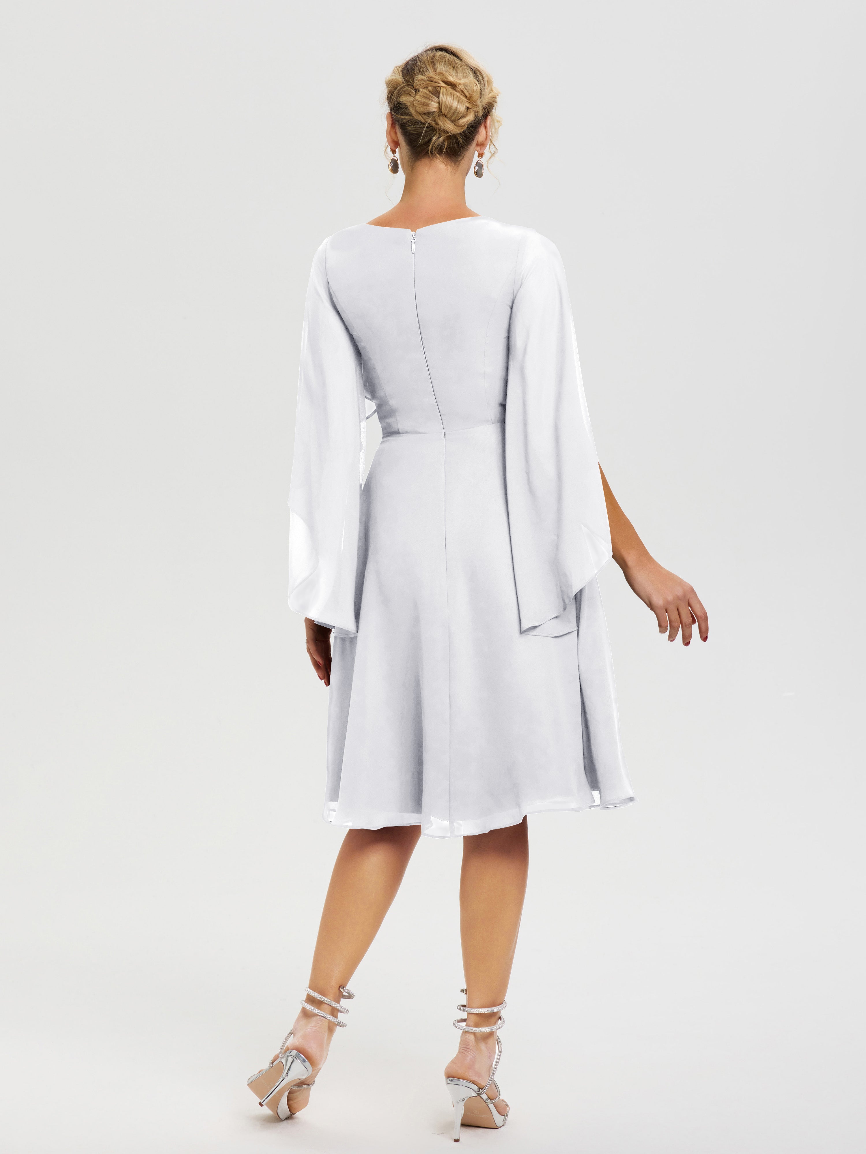 Robe Mere Dela Mariee Blanc Manches Asymétrique Col V Mousseline Robe Mère Marié