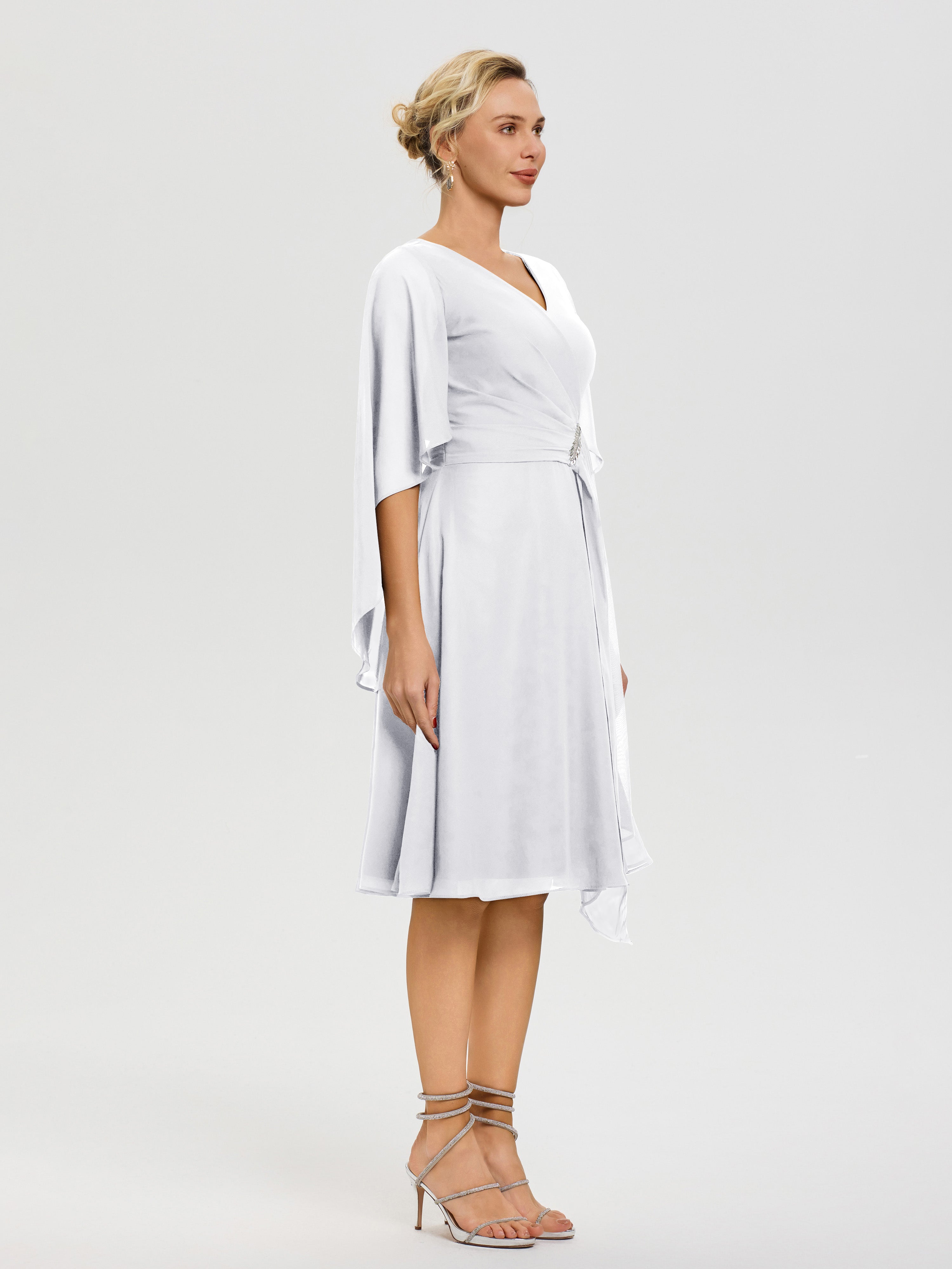 Robe Mere Dela Mariee Blanc Manches Asymétrique Col V Mousseline Robe Mère Marié