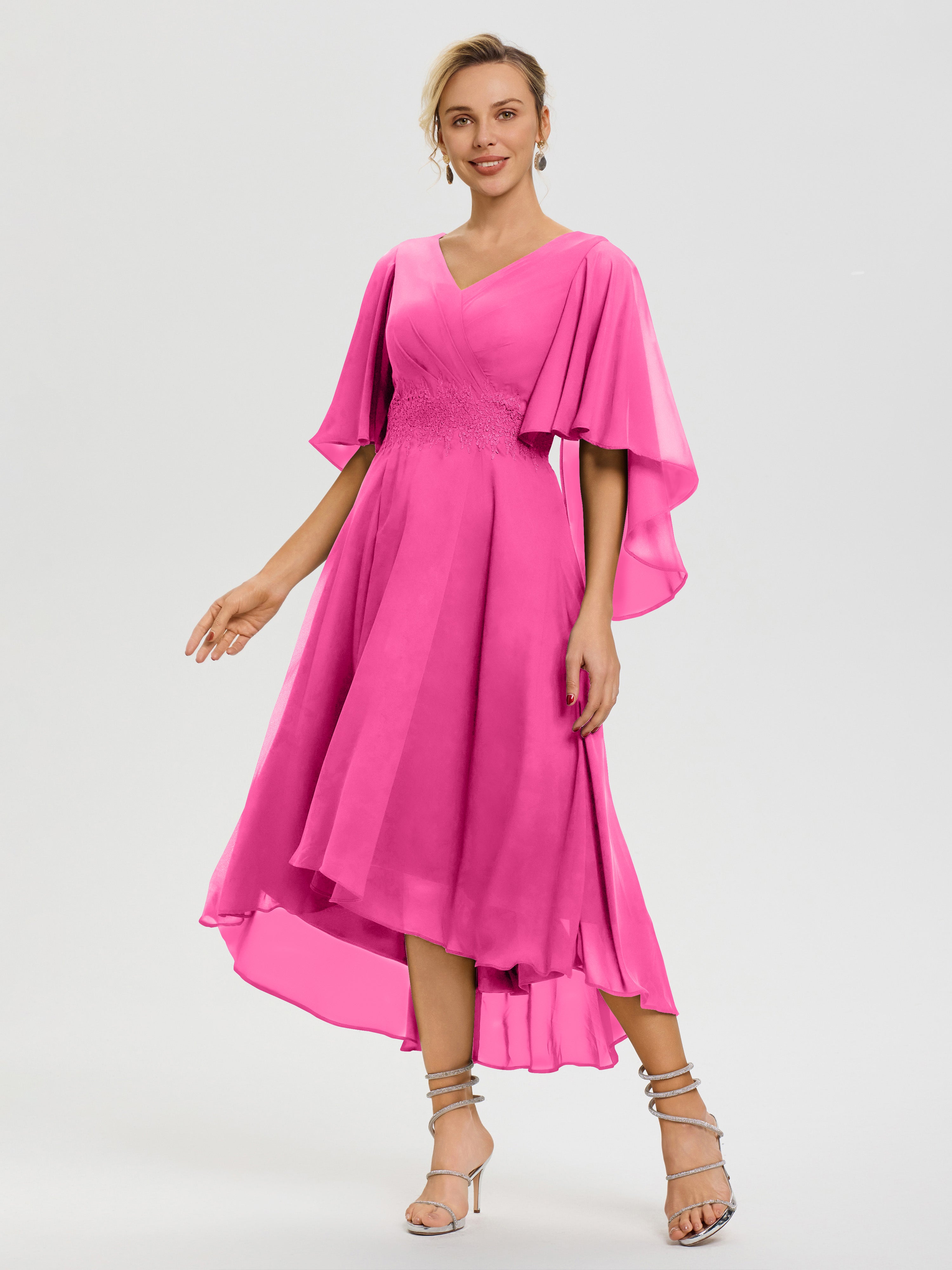 Robe Pour Mère De Mariée Azalee Col-V-Mousseline-Dentelle-Manches-Asymetrique-Robe-Pour-Mere-De-Mariee