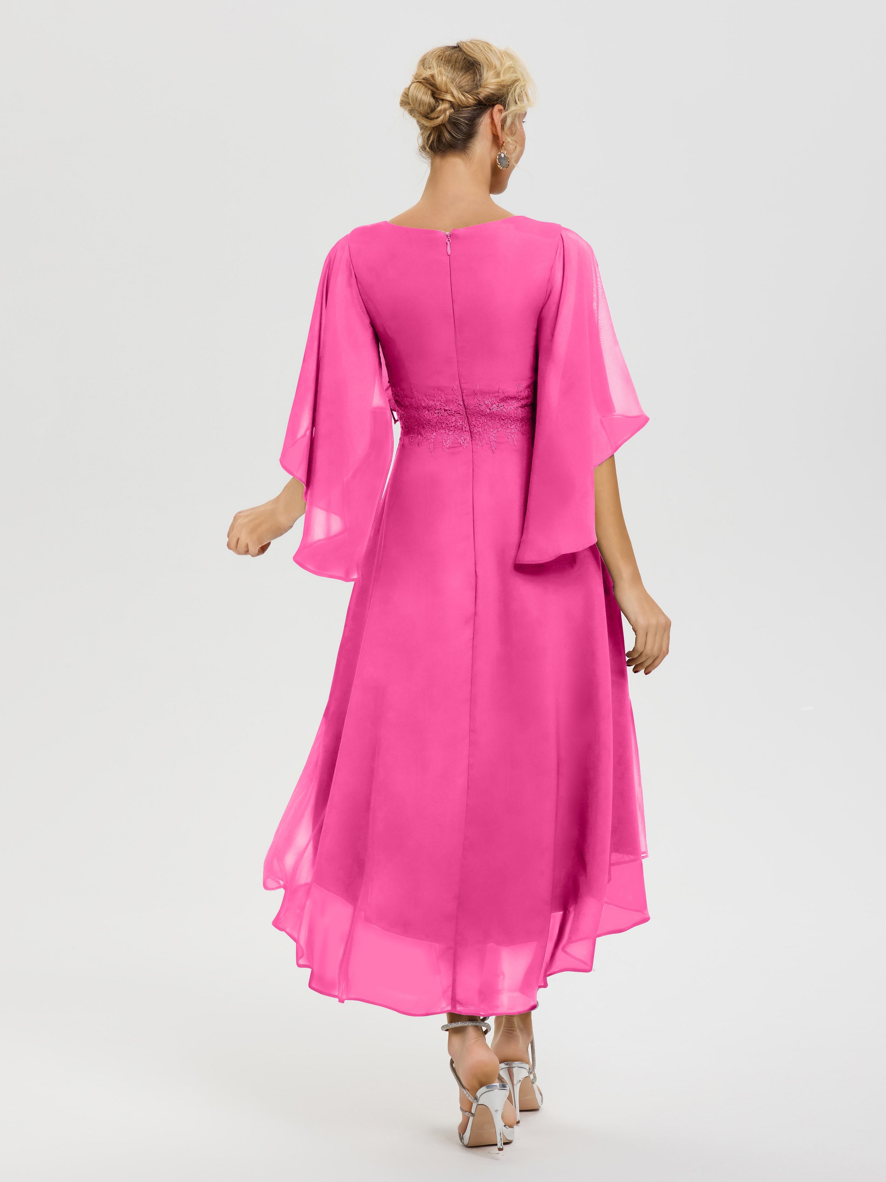 Robe Pour Mère De Mariée Azalee Col-V-Mousseline-Dentelle-Manches-Asymetrique-Robe-Pour-Mere-De-Mariee