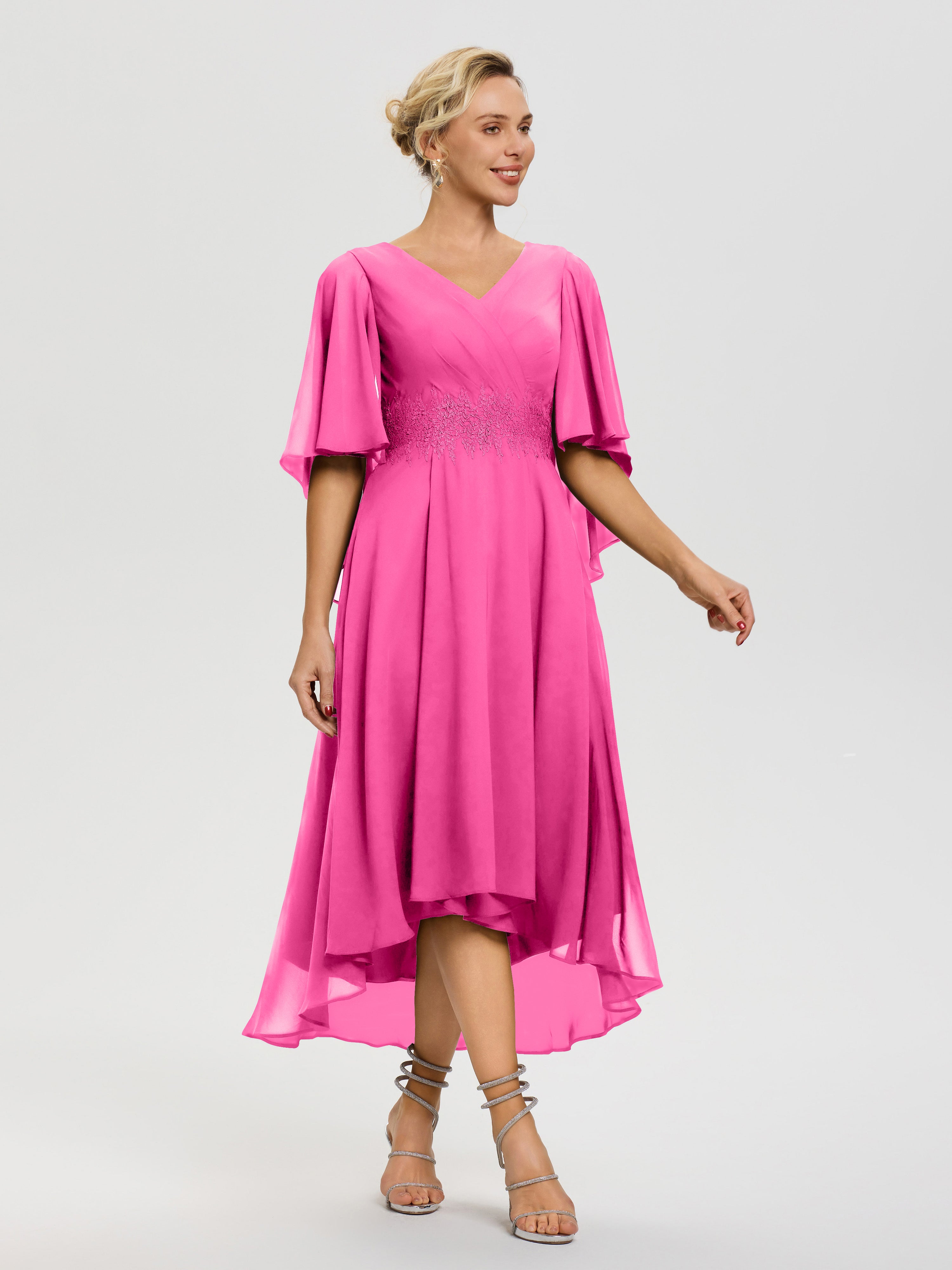 Robe Pour Mère De Mariée Azalee Col-V-Mousseline-Dentelle-Manches-Asymetrique-Robe-Pour-Mere-De-Mariee