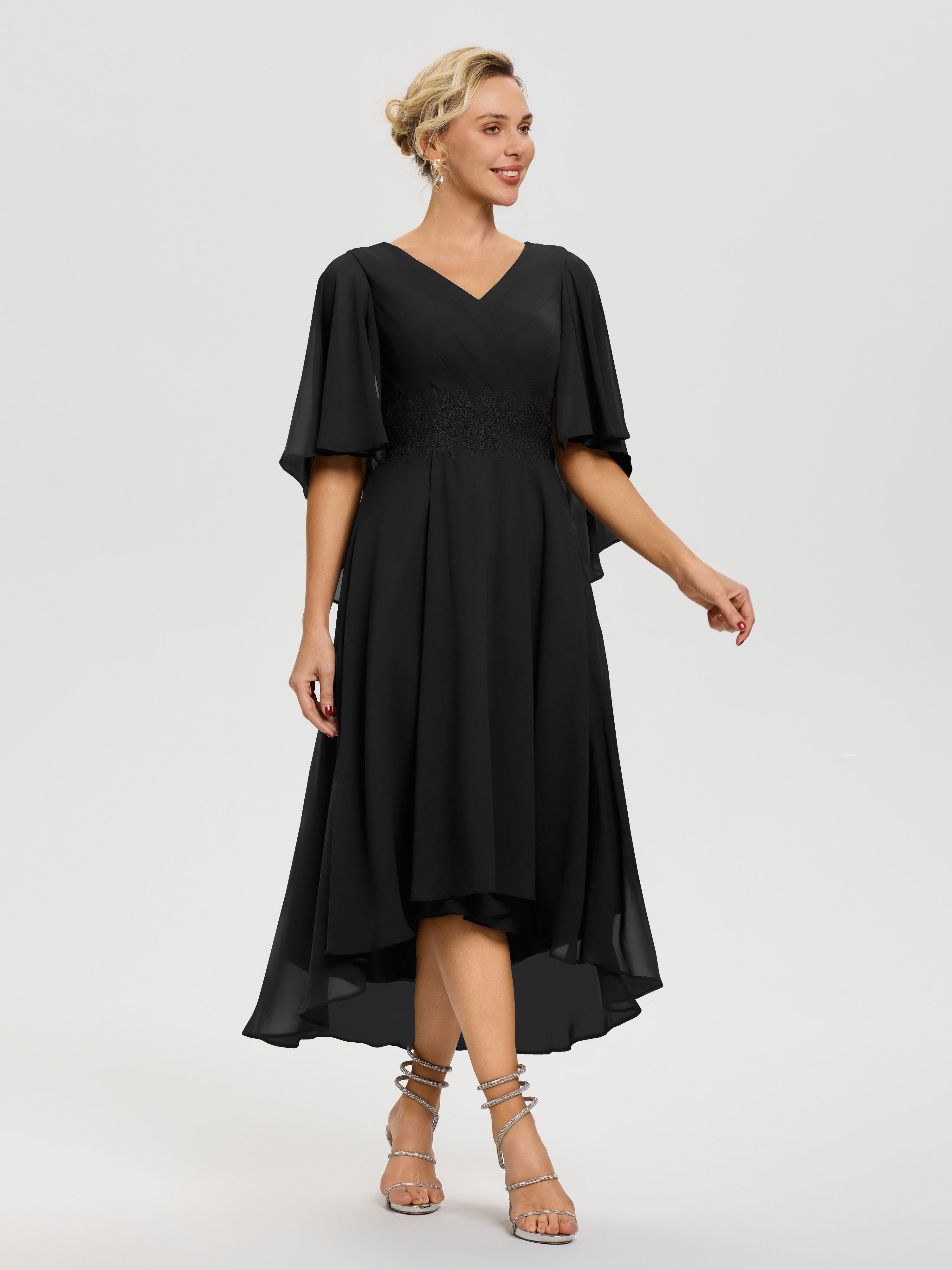 Robe Mère Mariée Noir Col V Mousseline & Dentelle Manches Asymétrique Robe Pour Mère De Mariée