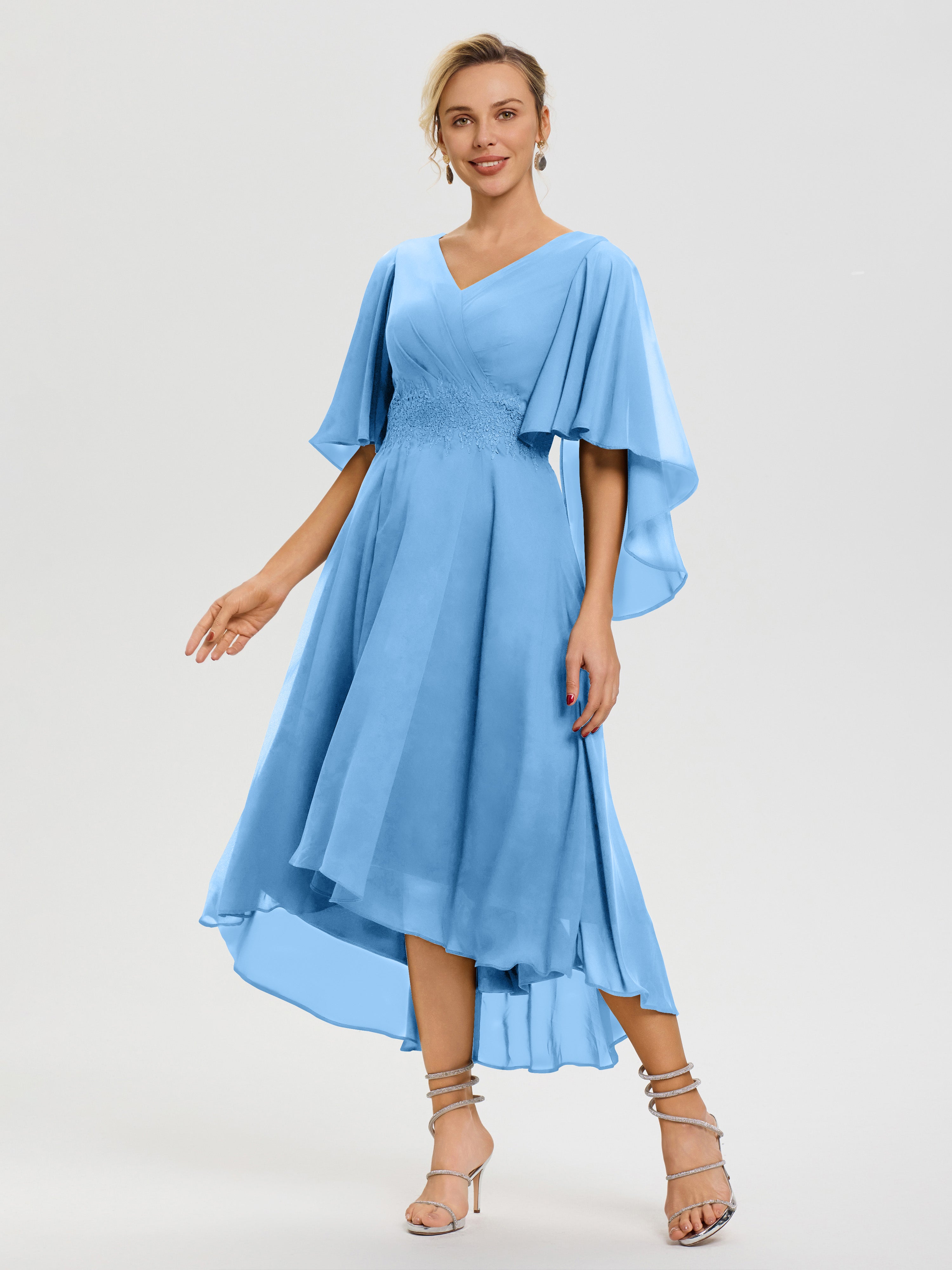 Robe Mere De La Mariee Bleu Col V Mousseline & Dentelle Manches Asymétrique Robe Pour Mère De Mariée