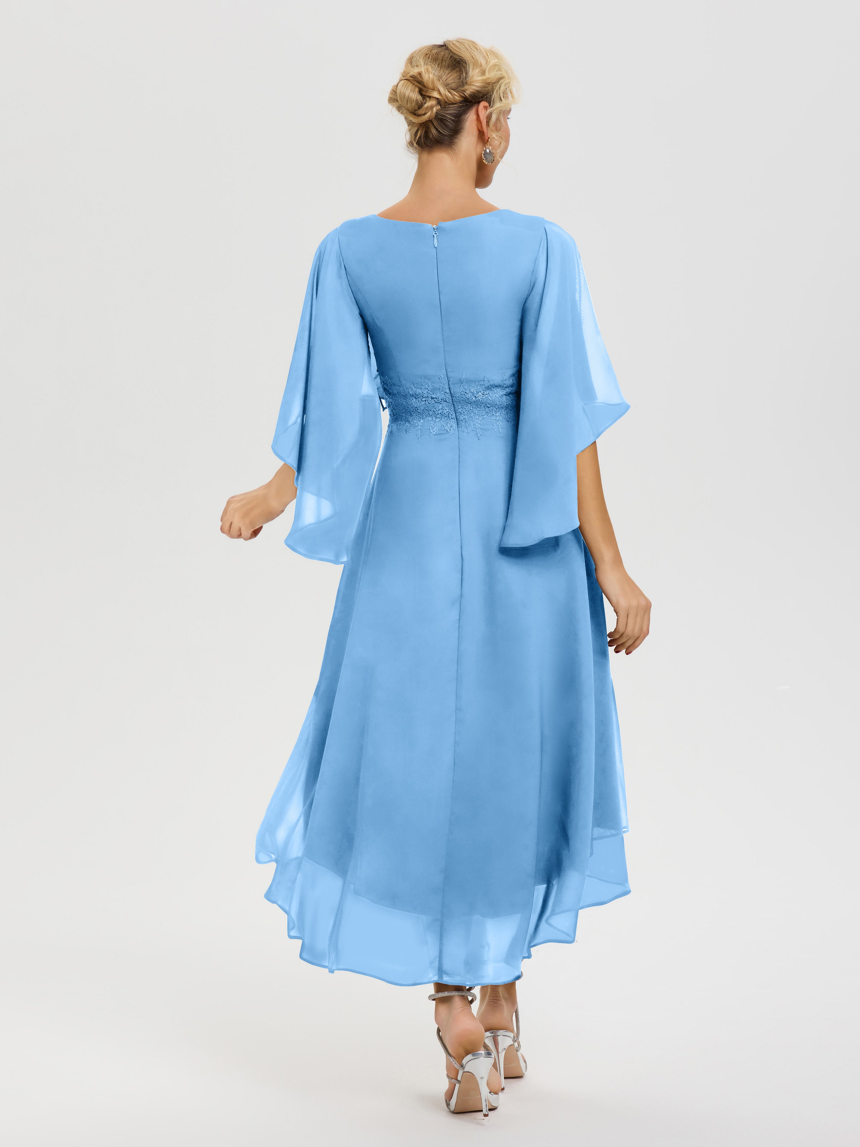 Robe Mere De La Mariee Bleu Col V Mousseline & Dentelle Manches Asymétrique Robe Pour Mère De Mariée
