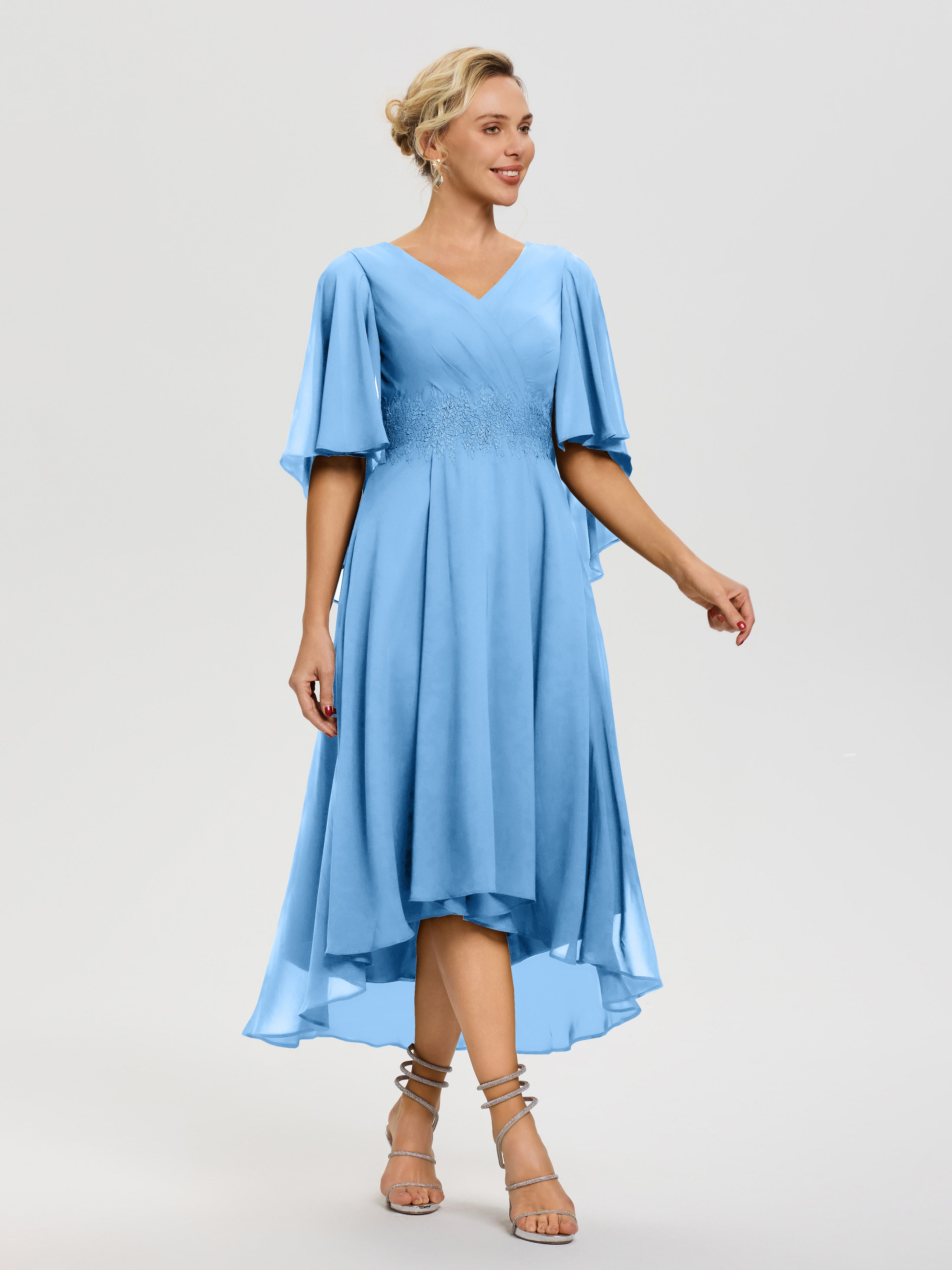 Robe Mere De La Mariee Bleu Col V Mousseline & Dentelle Manches Asymétrique Robe Pour Mère De Mariée
