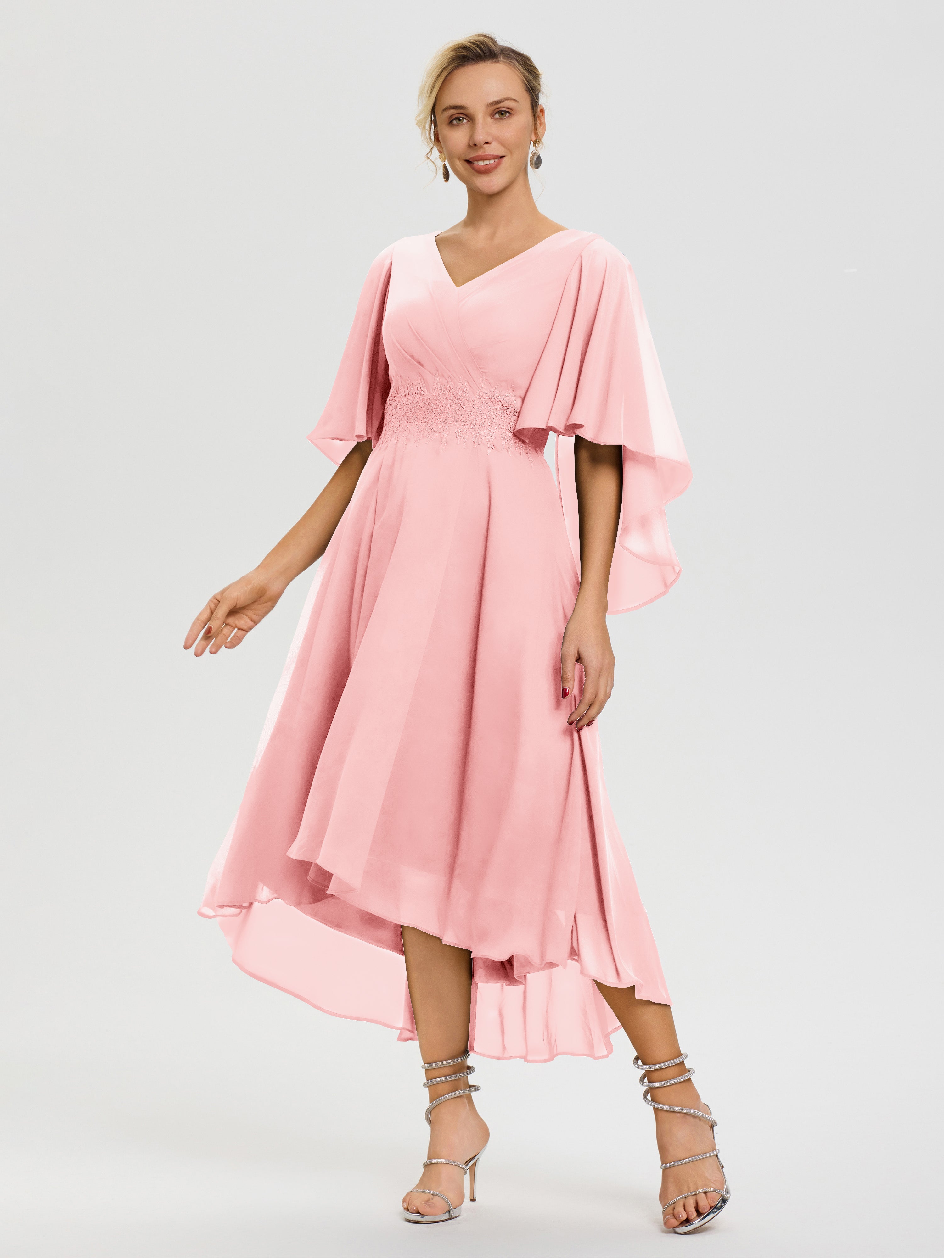 Robe Mere De La Mariee Rose Col V Mousseline & Dentelle Manches Asymétrique Robe Pour Mère De Mariée