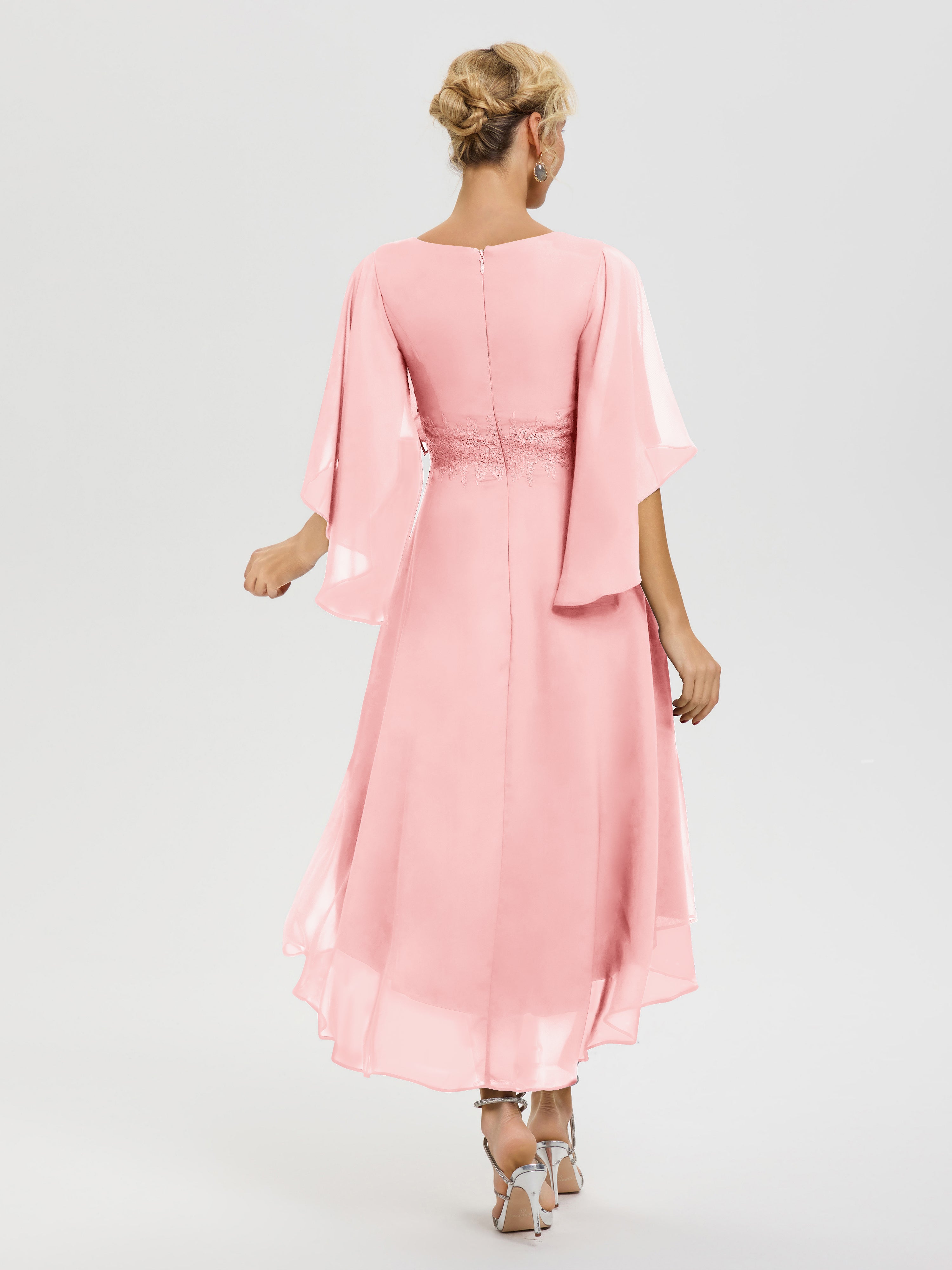 Robe Mere De La Mariee Rose Col V Mousseline & Dentelle Manches Asymétrique Robe Pour Mère De Mariée
