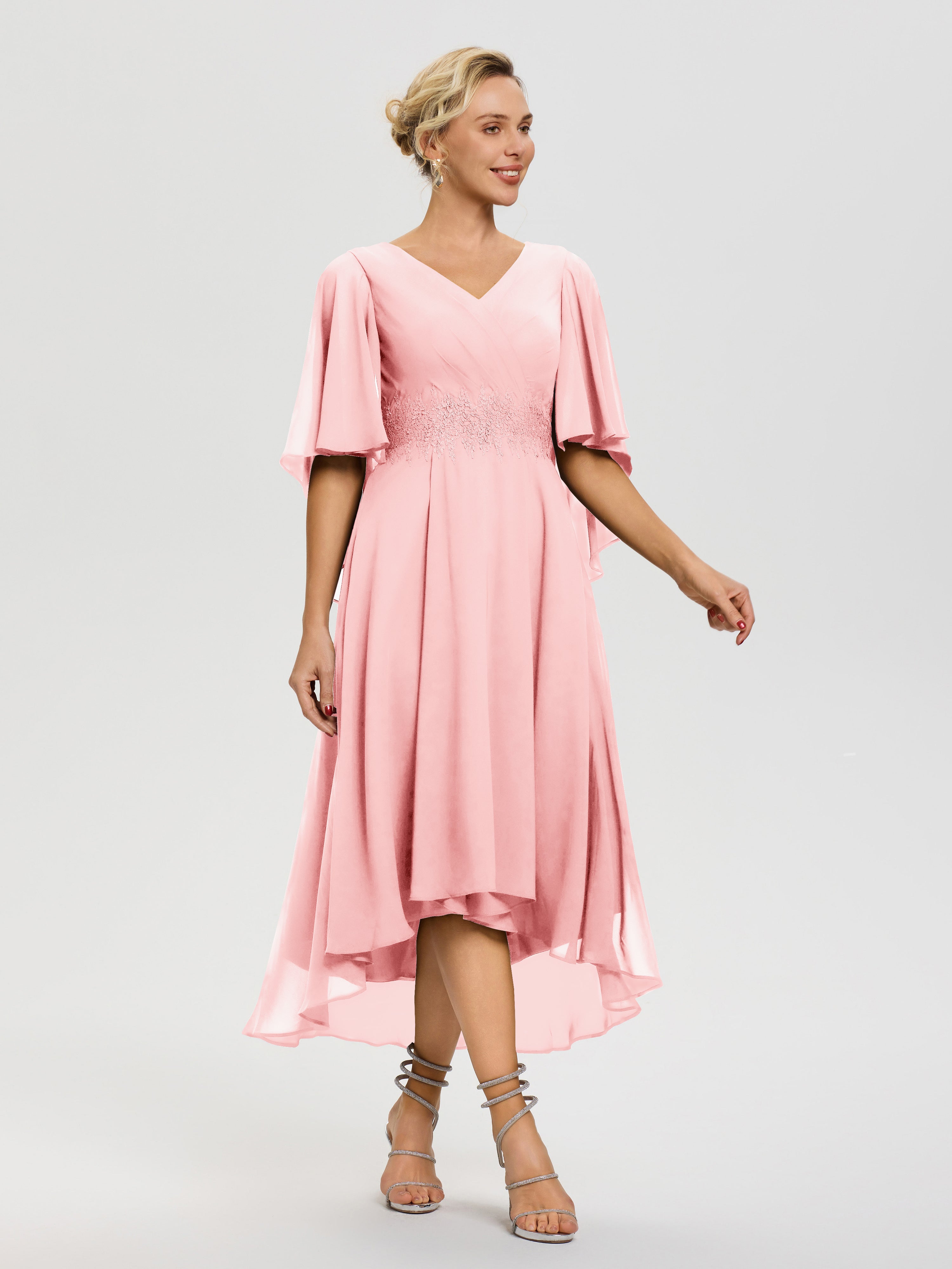 Robe Mere De La Mariee Rose Col V Mousseline & Dentelle Manches Asymétrique Robe Pour Mère De Mariée