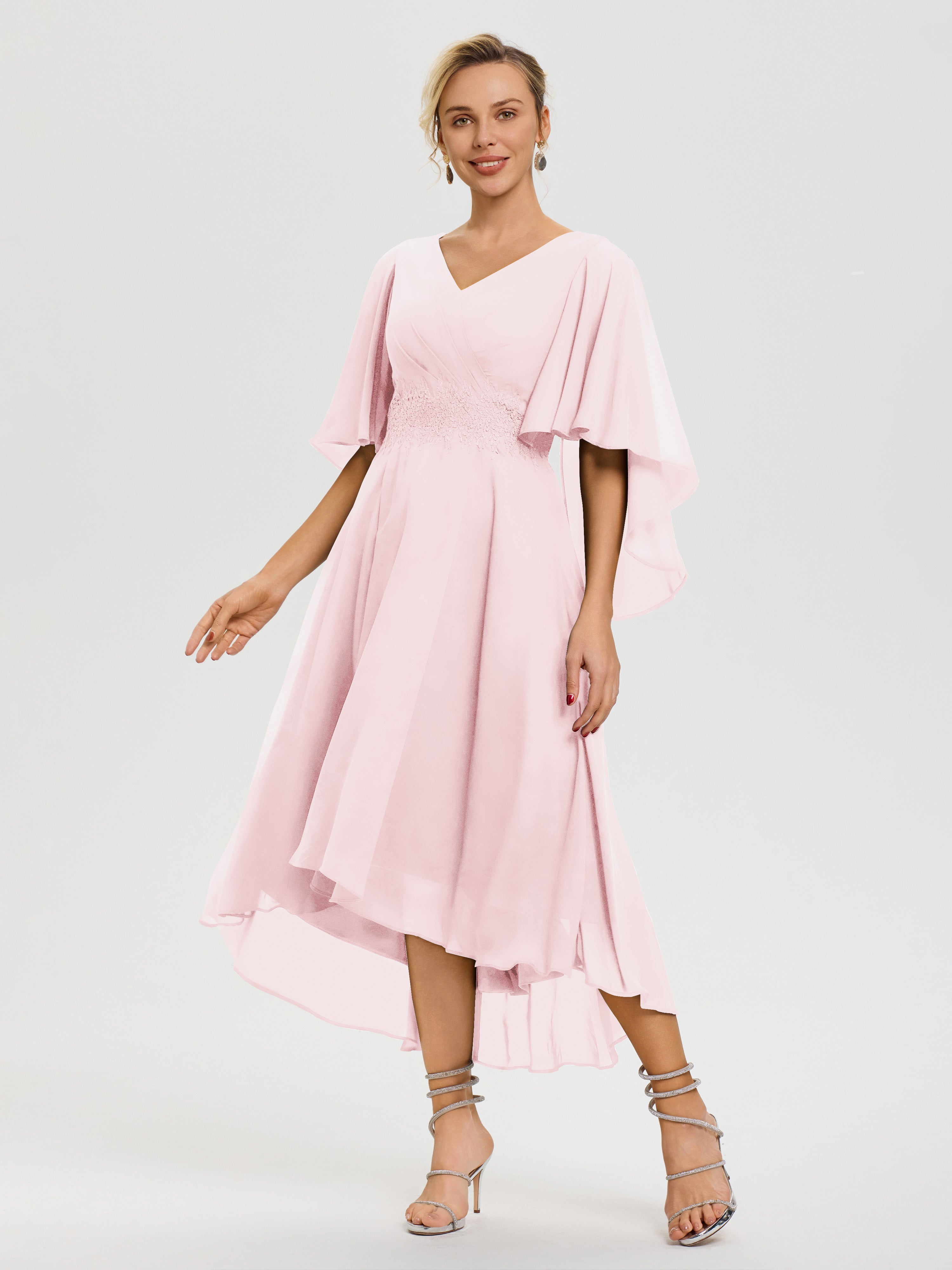 Robe Mère Mariée Rose Pale Col V Mousseline & Dentelle Manches Asymétrique Robe Pour Mère De Mariée