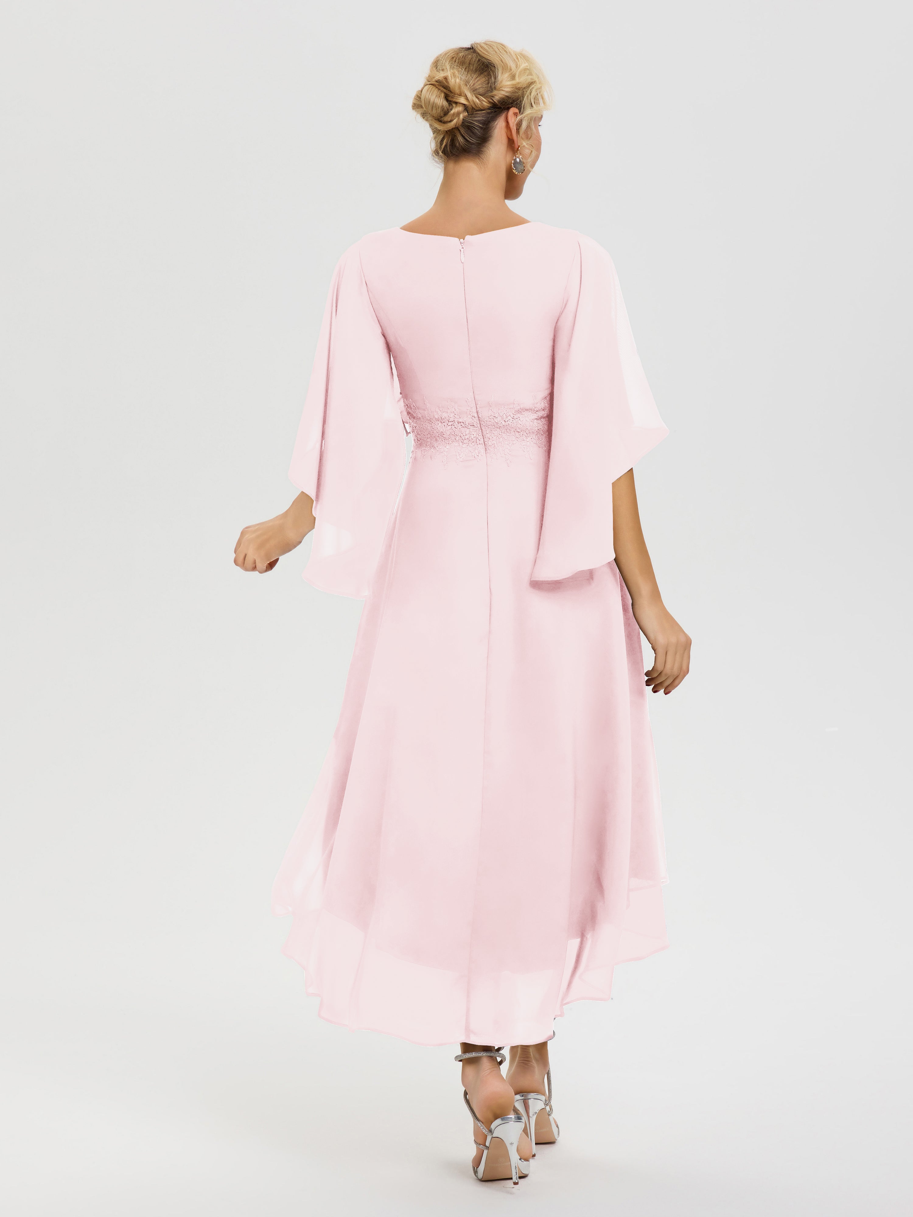 Robe Mère Mariée Rose Pale Col V Mousseline & Dentelle Manches Asymétrique Robe Pour Mère De Mariée