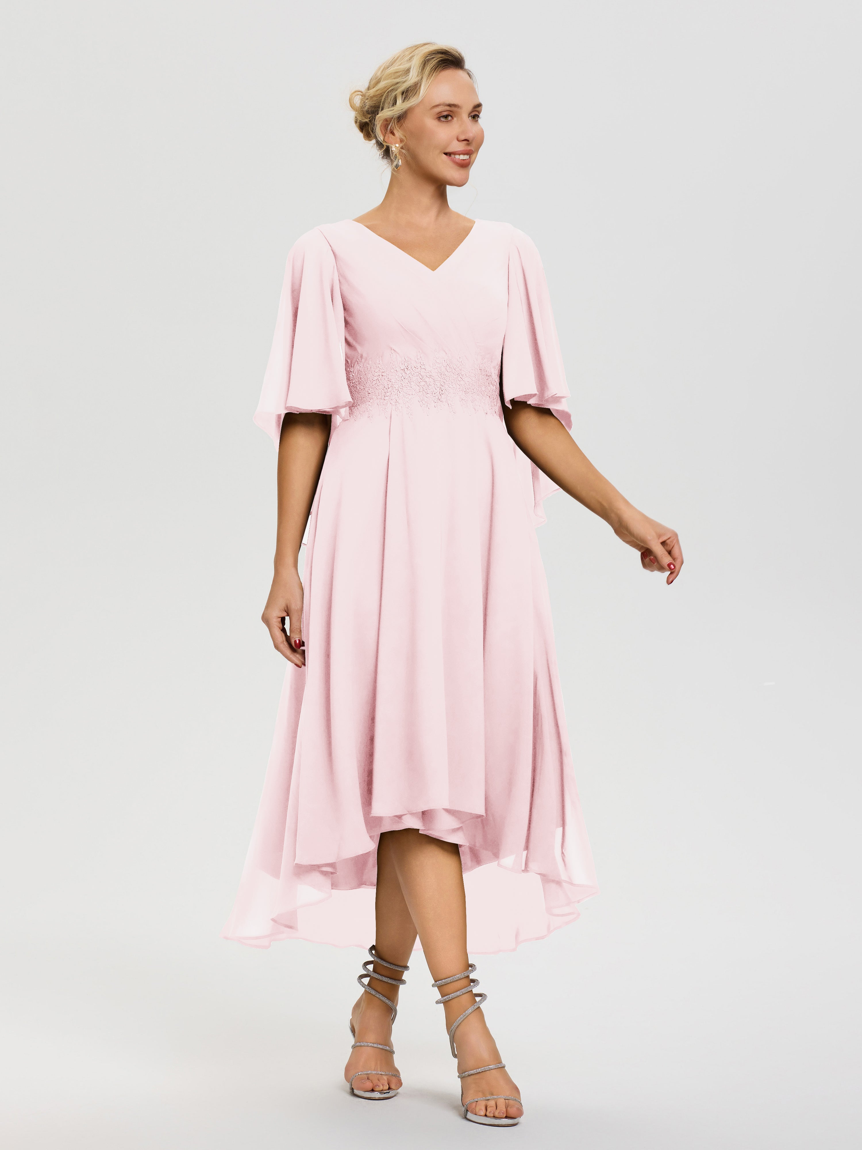 Robe Mère Mariée Rose Pale Col V Mousseline & Dentelle Manches Asymétrique Robe Pour Mère De Mariée