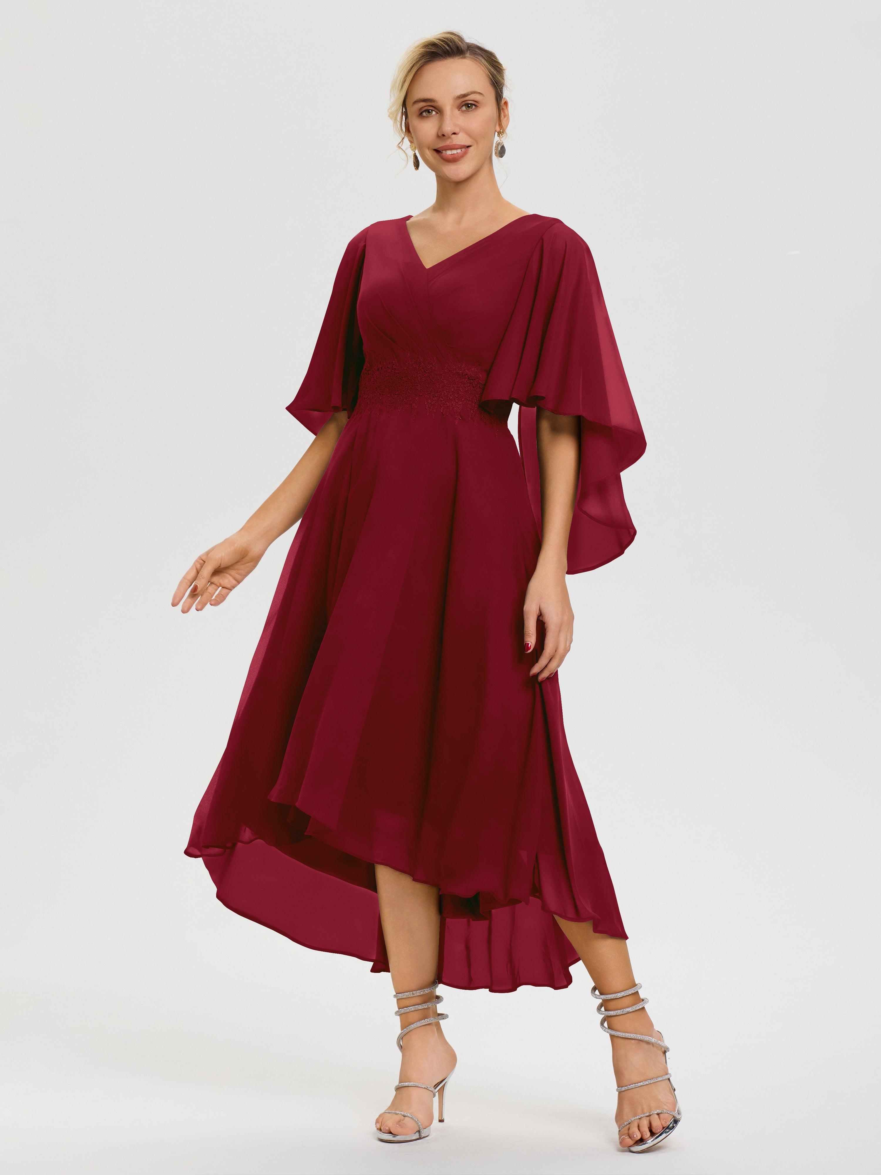 Robe Mere De La Mariee Bordeaux Col V Mousseline & Dentelle Manches Asymétrique Robe Pour Mère De Mariée