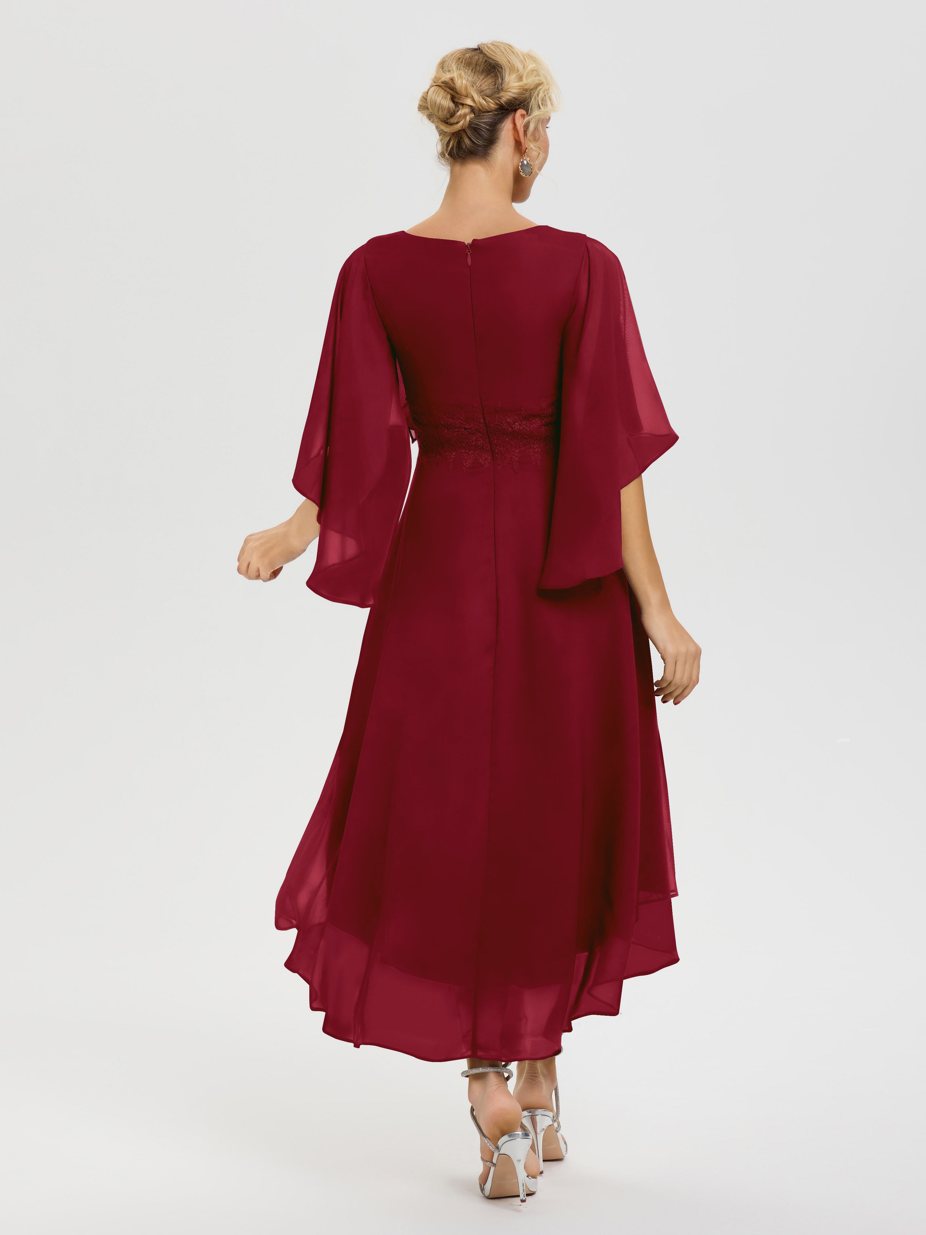 Robe Mere De La Mariee Bordeaux Col V Mousseline & Dentelle Manches Asymétrique Robe Pour Mère De Mariée
