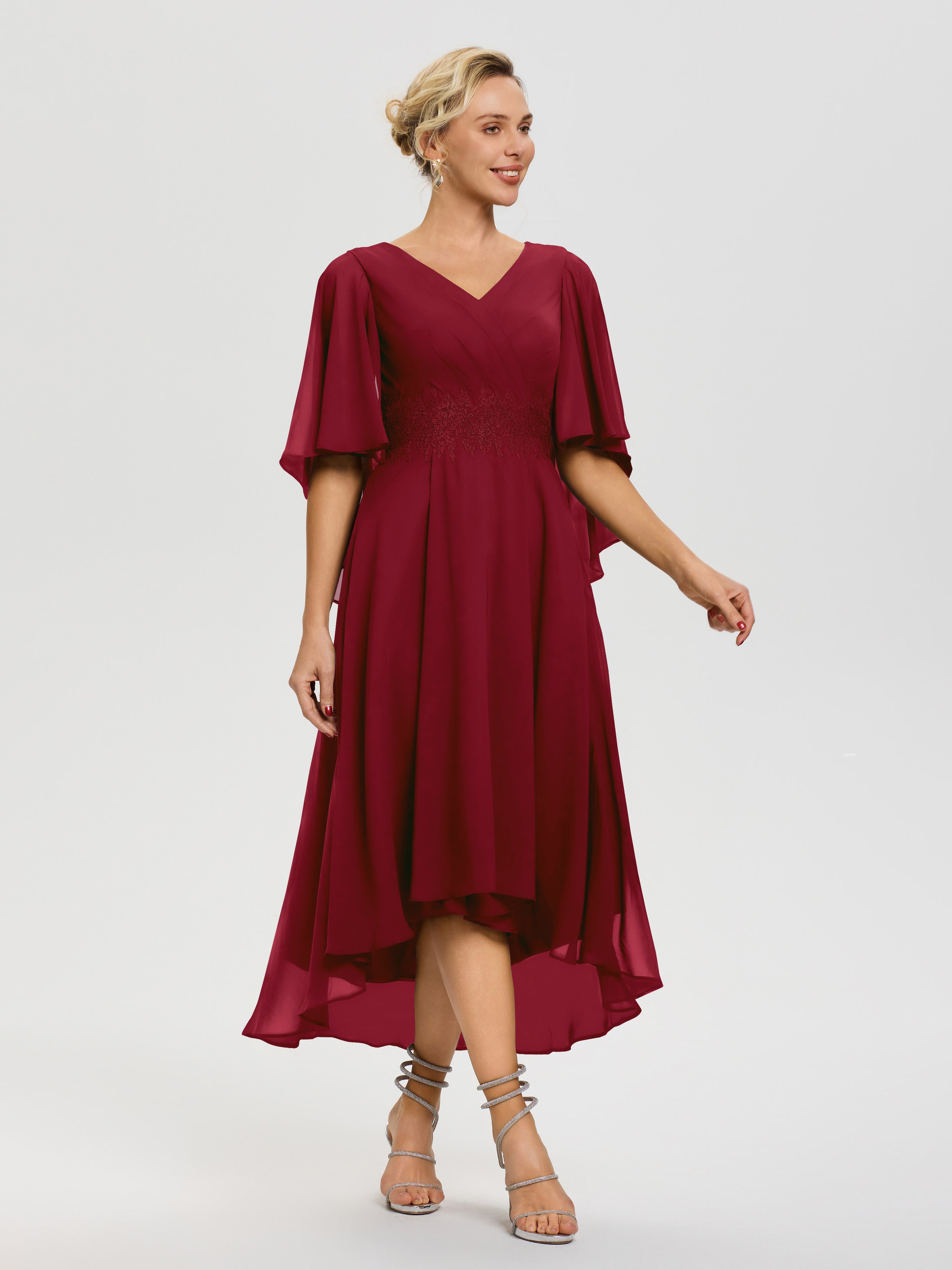 Robe Mere De La Mariee Bordeaux Col V Mousseline & Dentelle Manches Asymétrique Robe Pour Mère De Mariée