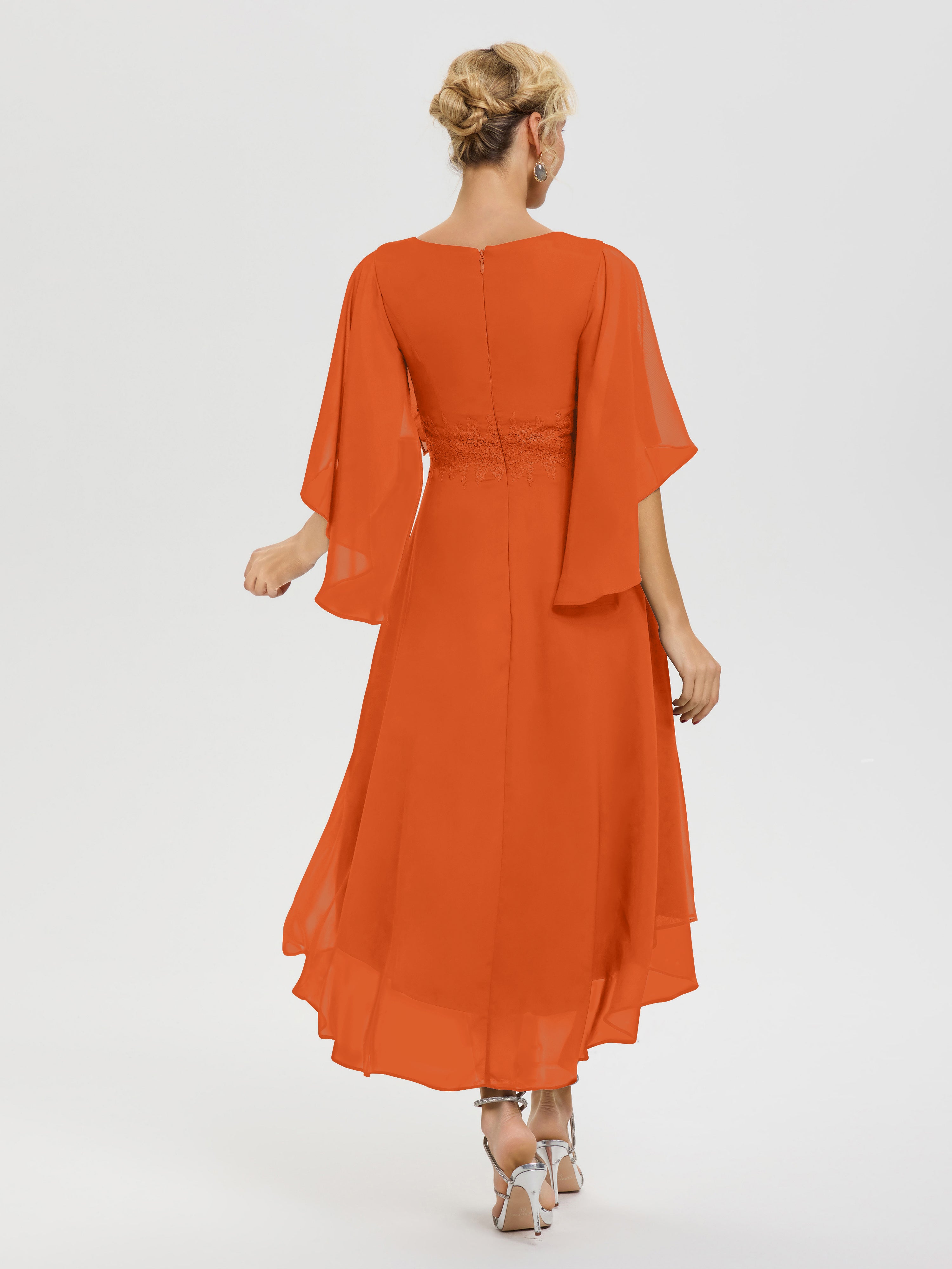 Robe Pour Mère De Mariée Orange Brule Col V Mousseline & Dentelle Manches Asymétrique Robe Pour Mère De Mariée