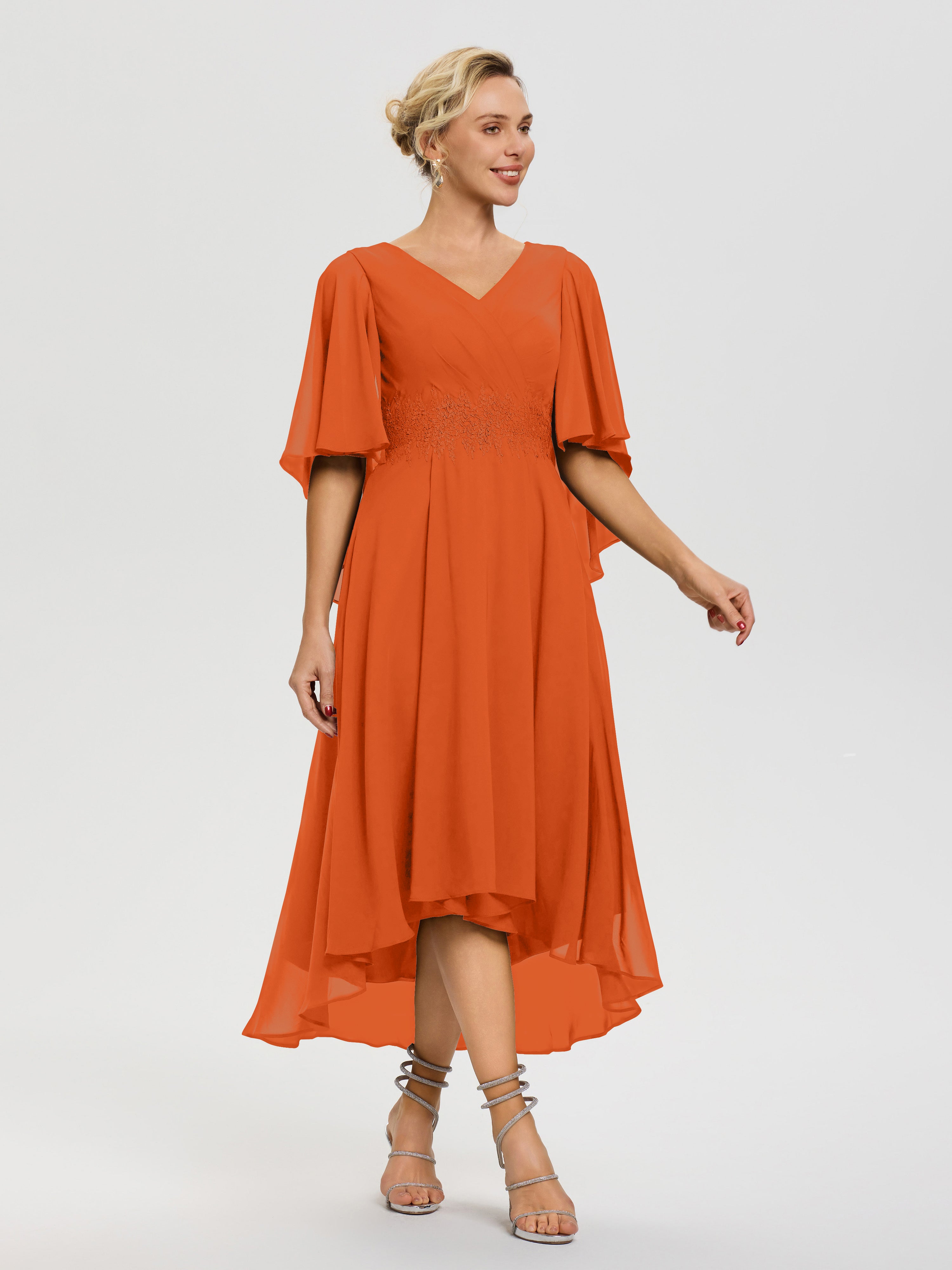 Robe Pour Mère De Mariée Orange Brule Col V Mousseline & Dentelle Manches Asymétrique Robe Pour Mère De Mariée