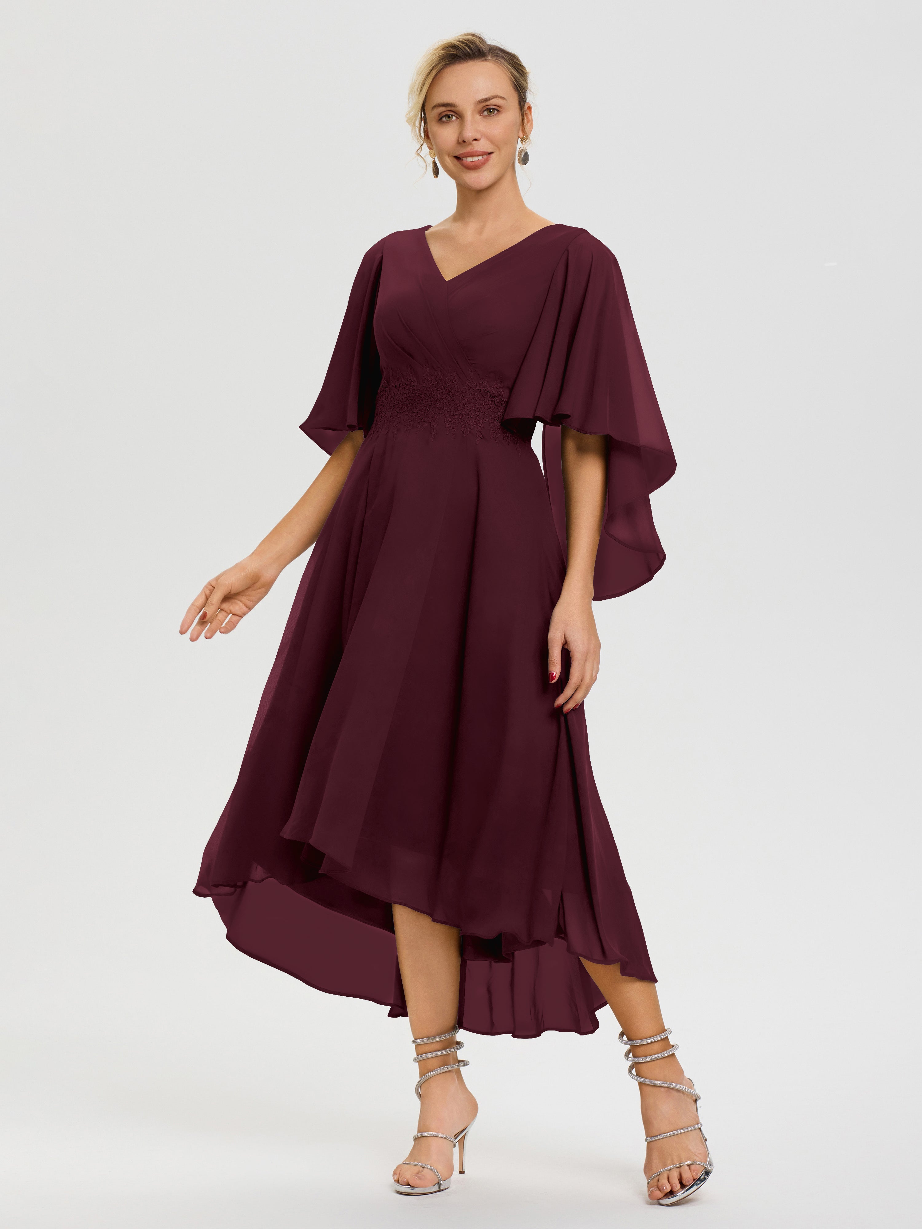 Robe Pour Mère De Mariée Cabernet Col-V-Mousseline-Dentelle-Manches-Asymetrique-Robe-Pour-Mere-De-Mariee