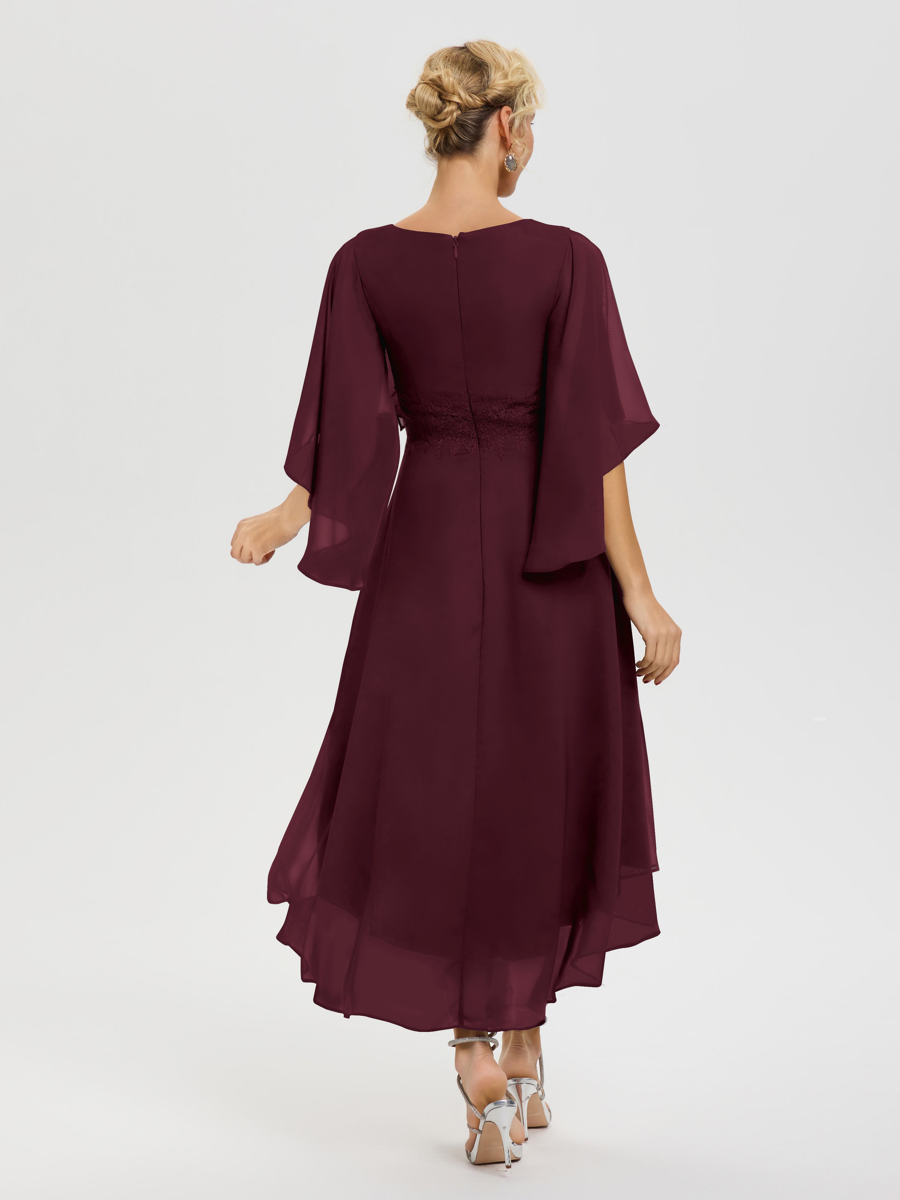 Robe Pour Mère De Mariée Cabernet Col-V-Mousseline-Dentelle-Manches-Asymetrique-Robe-Pour-Mere-De-Mariee