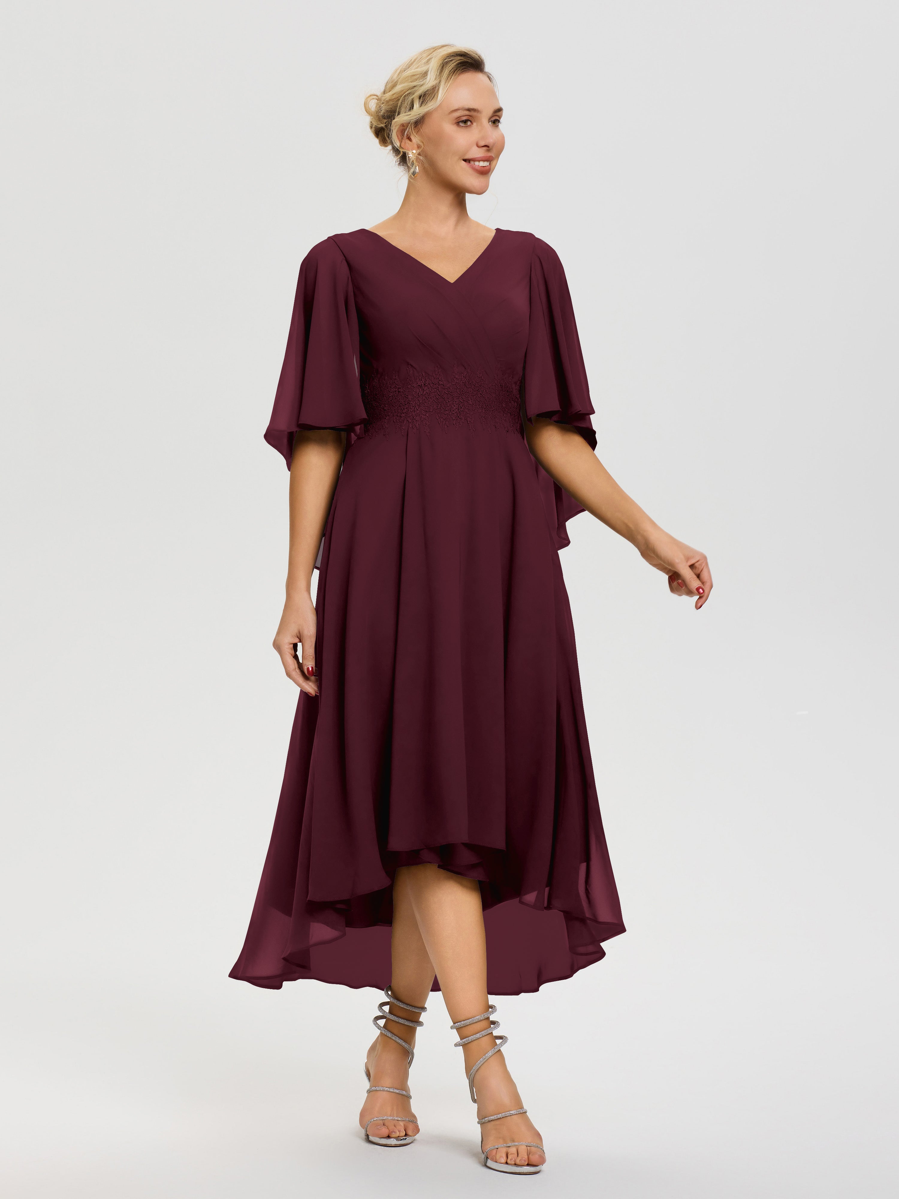 Robe Pour Mère De Mariée Cabernet Col-V-Mousseline-Dentelle-Manches-Asymetrique-Robe-Pour-Mere-De-Mariee