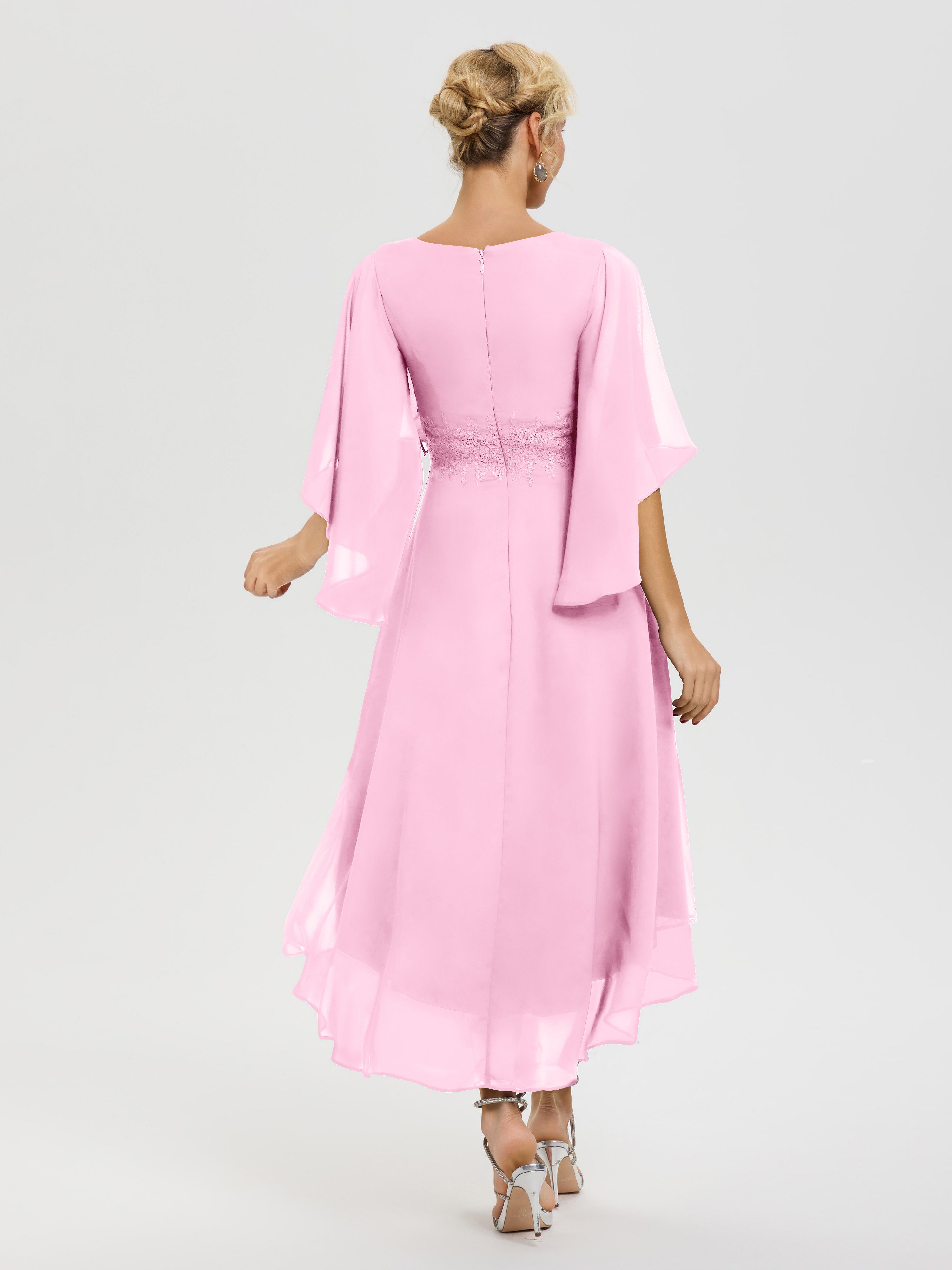 Robe Mère Mariée Rose Bonbon Col V Mousseline & Dentelle Manches Asymétrique Robe Pour Mère De Mariée