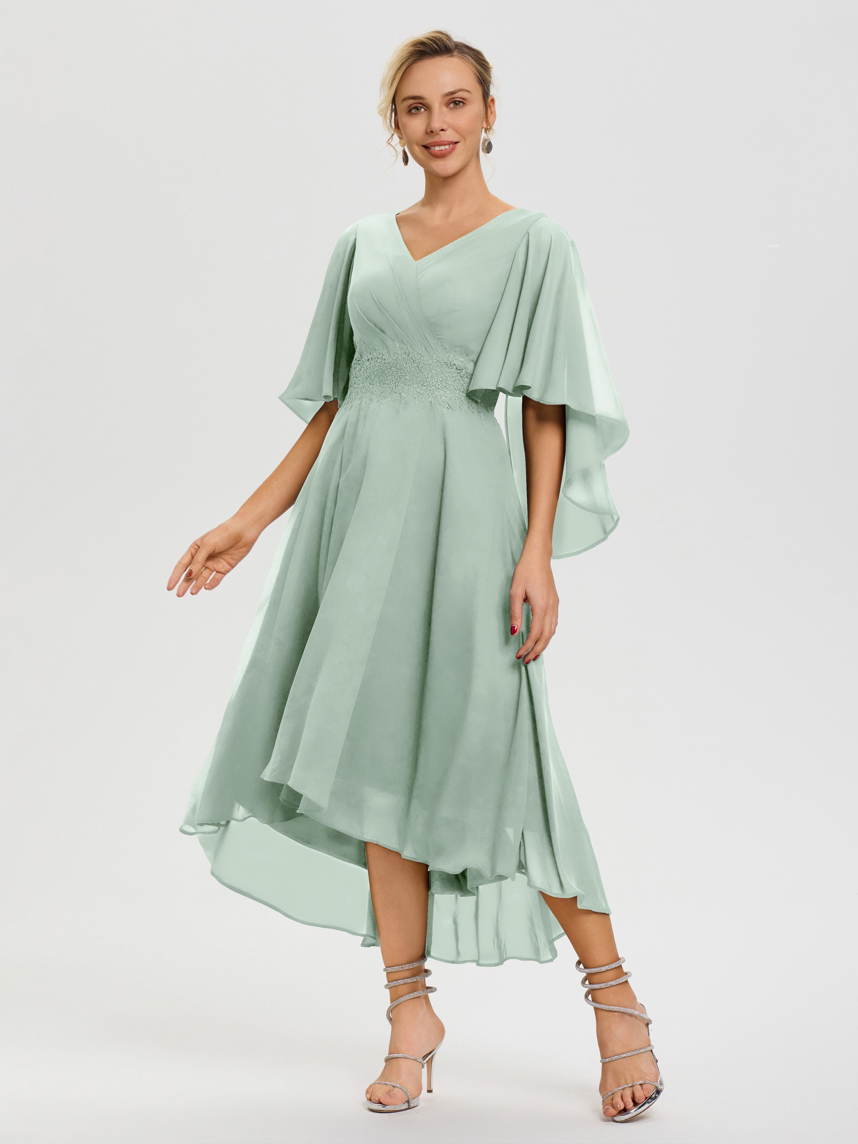 Robe Pour Mère De Mariée Celadon Col-V-Mousseline-Dentelle-Manches-Asymetrique-Robe-Pour-Mere-De-Mariee