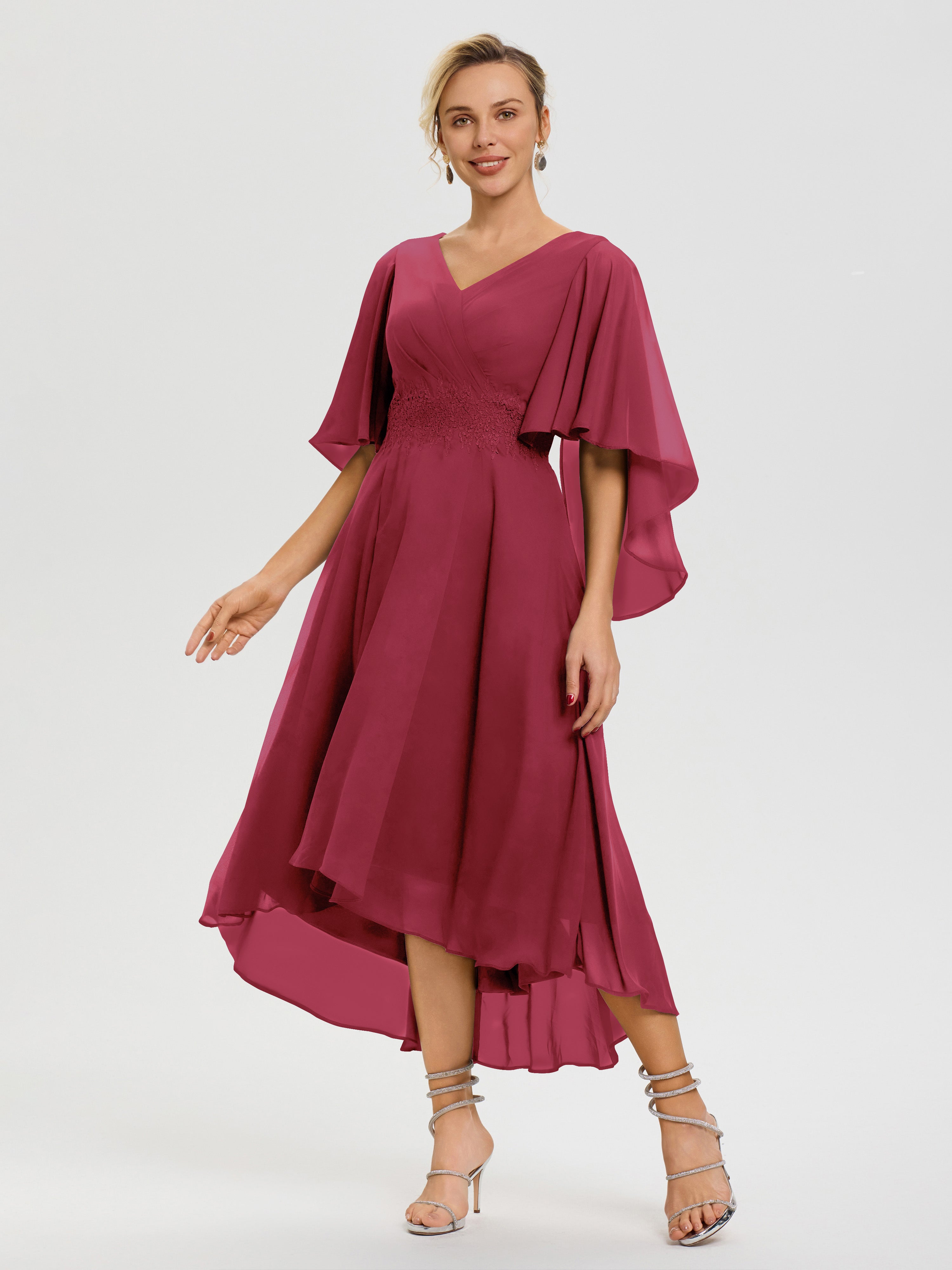 Robe Pour Mère De Mariée Rose Cannelle Col V Mousseline & Dentelle Manches Asymétrique Robe Pour Mère De Mariée