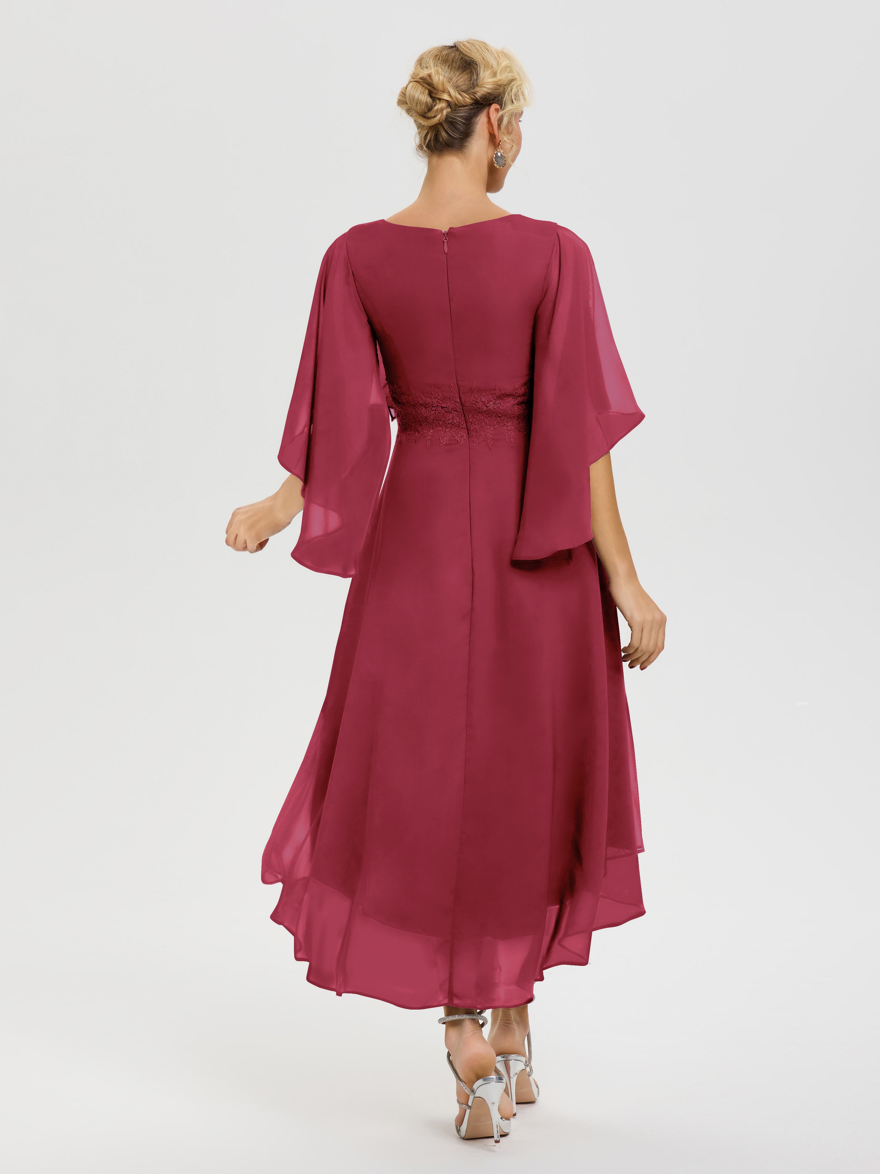 Robe Pour Mère De Mariée Rose Cannelle Col V Mousseline & Dentelle Manches Asymétrique Robe Pour Mère De Mariée
