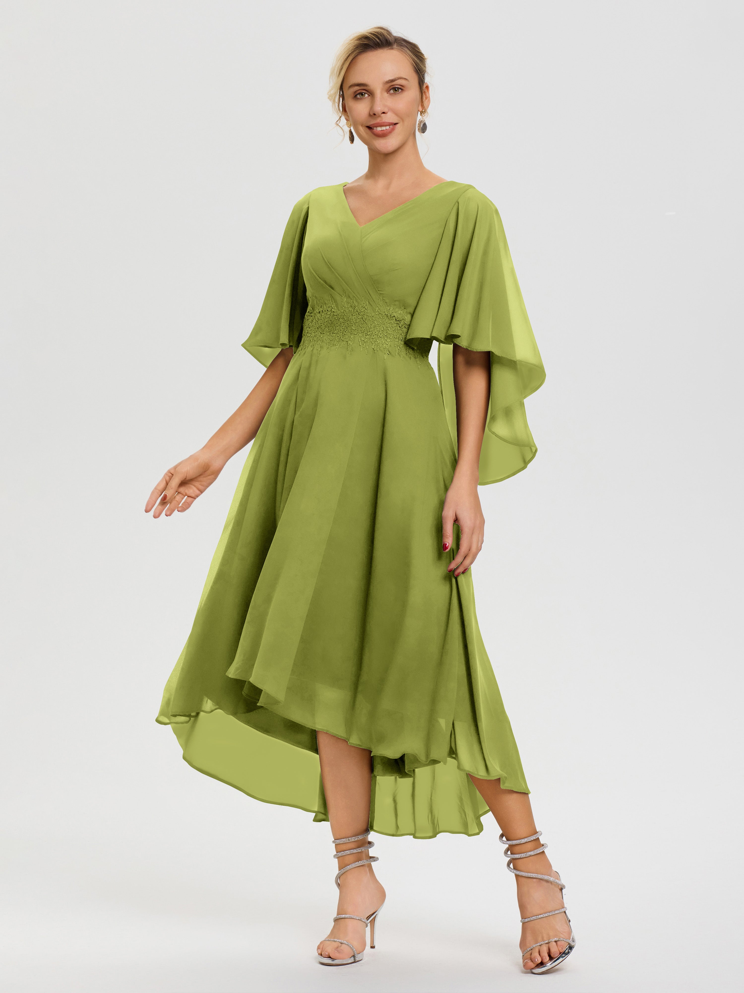 Robe Mère Marié Trèfle Col V Mousseline & Dentelle Manches Asymétrique Robe Pour Mère De Mariée