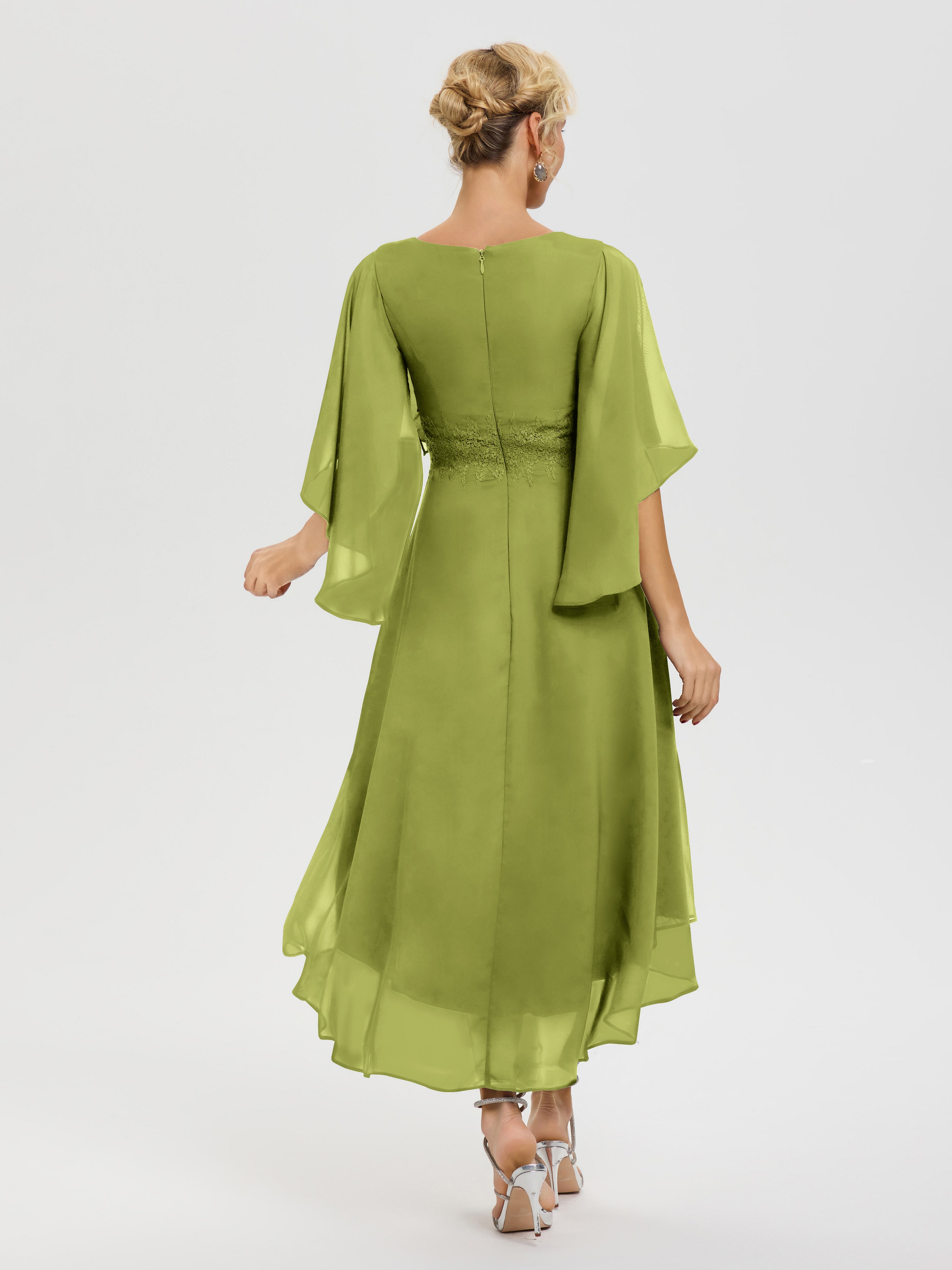 Robe Mère Marié Trèfle Col V Mousseline & Dentelle Manches Asymétrique Robe Pour Mère De Mariée