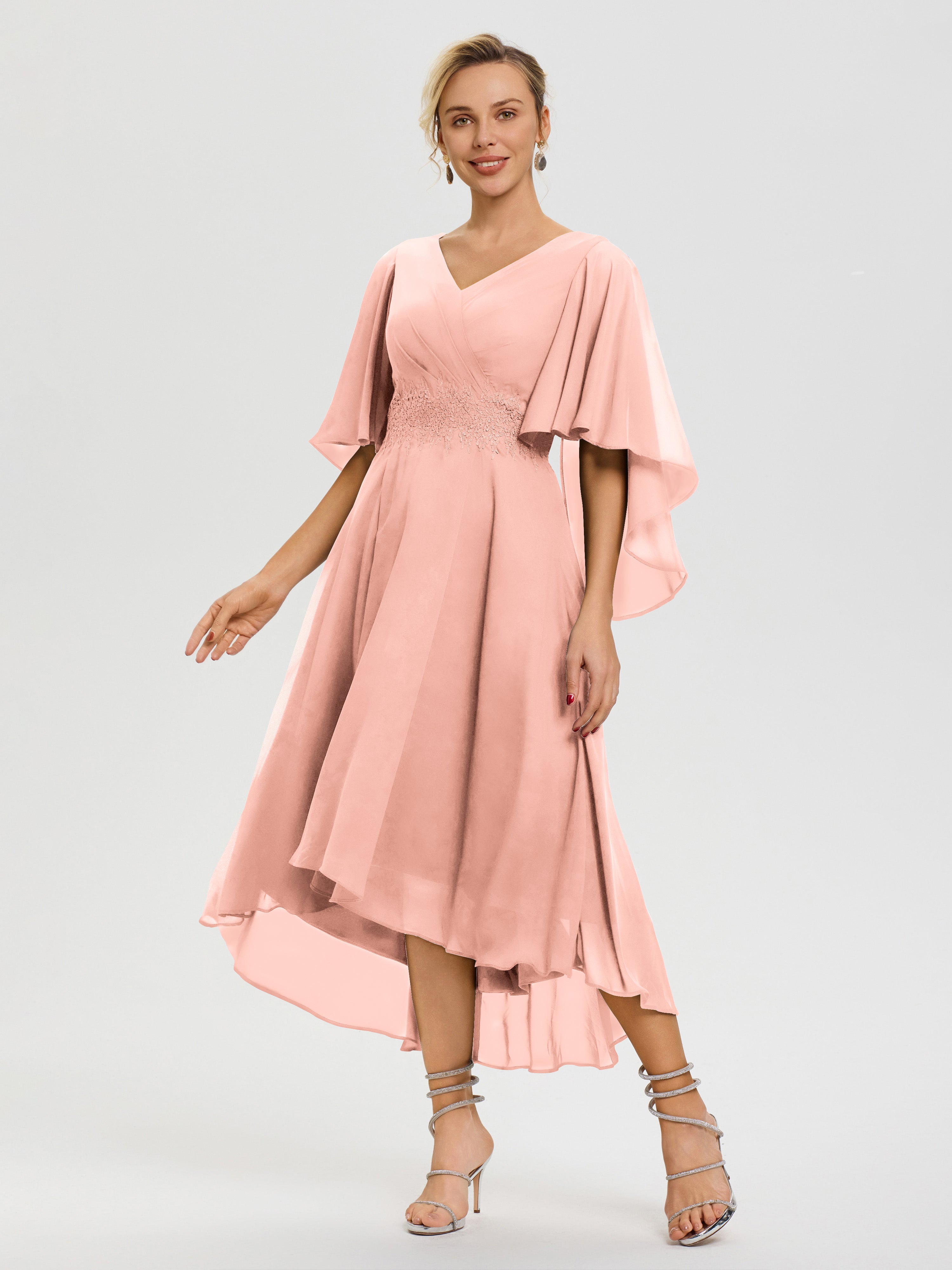 Robe Pour Mère De Mariée Corail Col-V-Mousseline-Dentelle-Manches-Asymetrique-Robe-Pour-Mere-De-Mariee